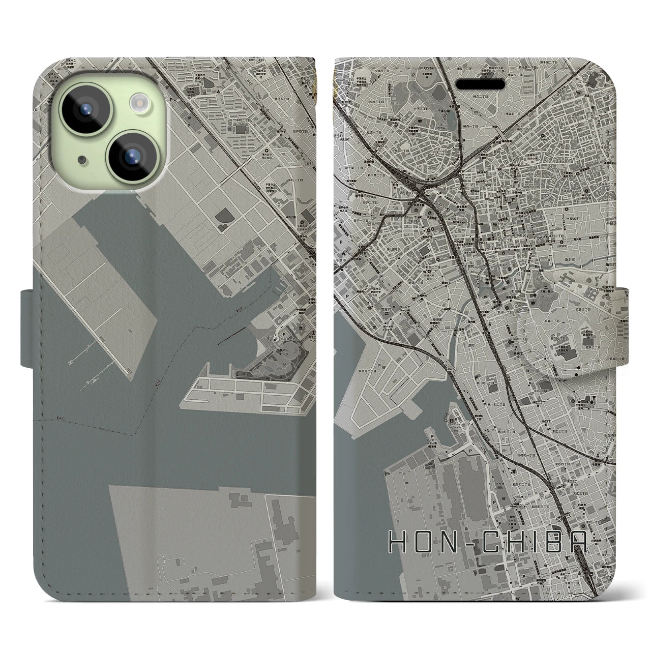 【本千葉(千葉県)】地図柄iPhoneケース(手帳タイプ)モノトーン・iPhone 15 用