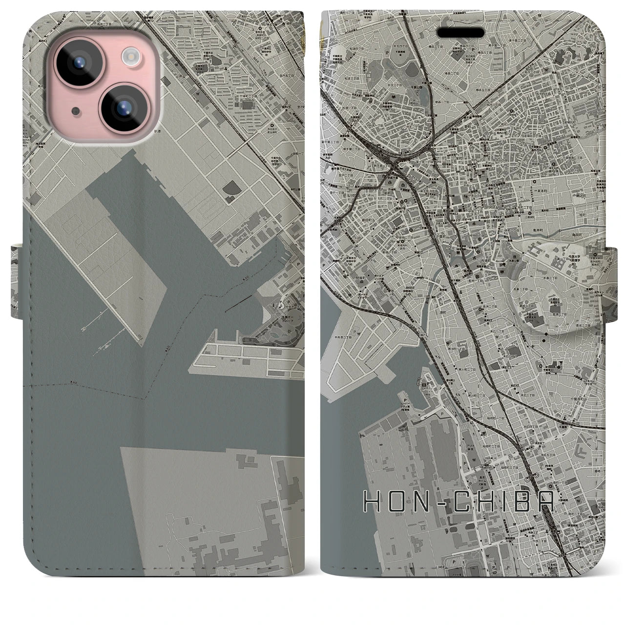 【本千葉(千葉県)】地図柄iPhoneケース(手帳タイプ)モノトーン・iPhone 15 Plus 用