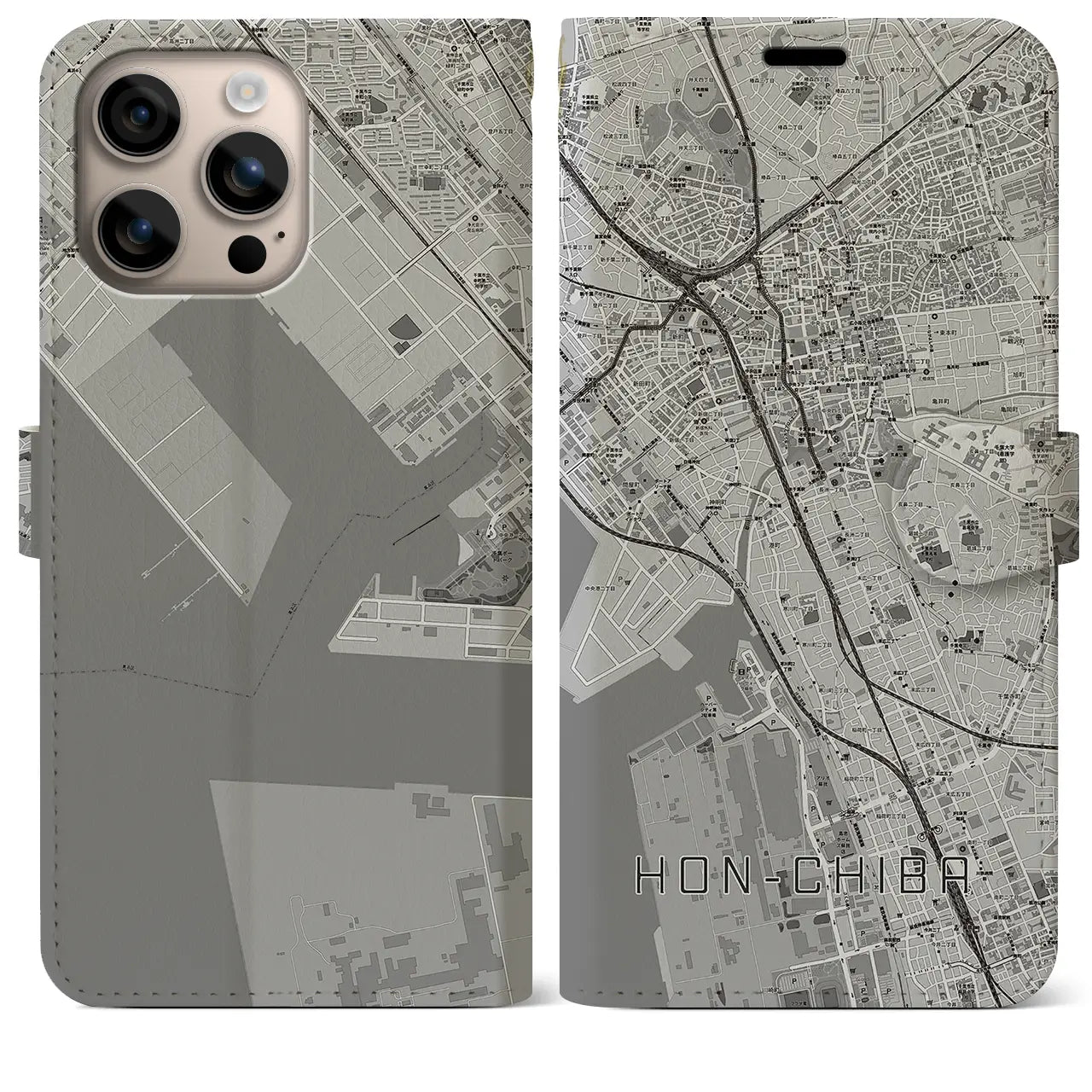 【本千葉(千葉県)】地図柄iPhoneケース(手帳タイプ)モノトーン・iPhone 16 Plus 用
