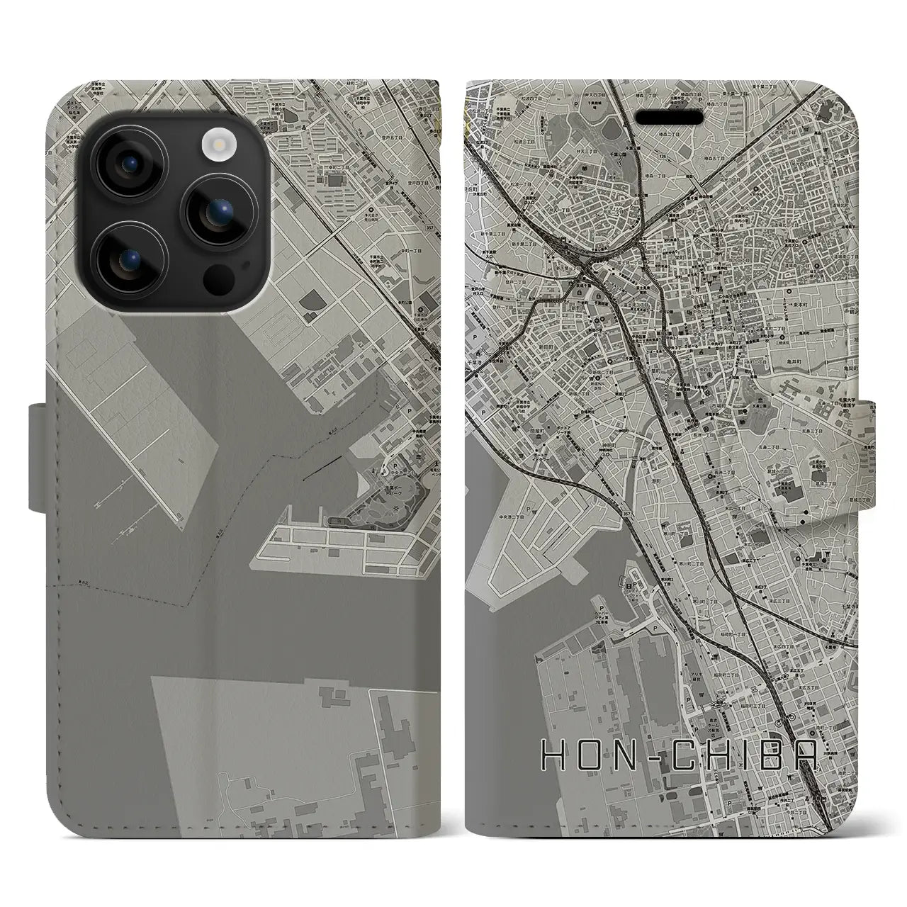 【本千葉(千葉県)】地図柄iPhoneケース(手帳タイプ)モノトーン・iPhone 16 用