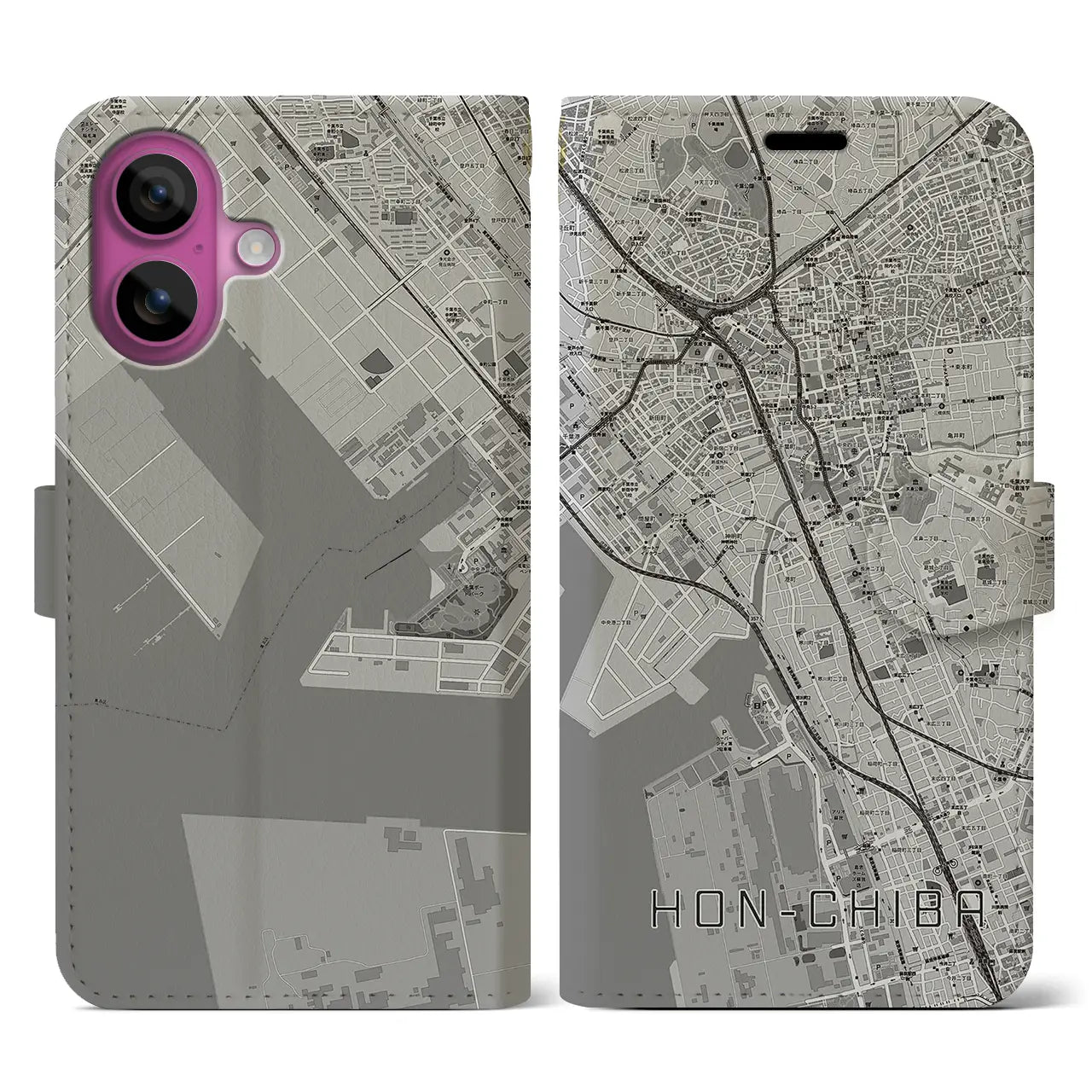 【本千葉(千葉県)】地図柄iPhoneケース(手帳タイプ)モノトーン・iPhone 16 Pro 用