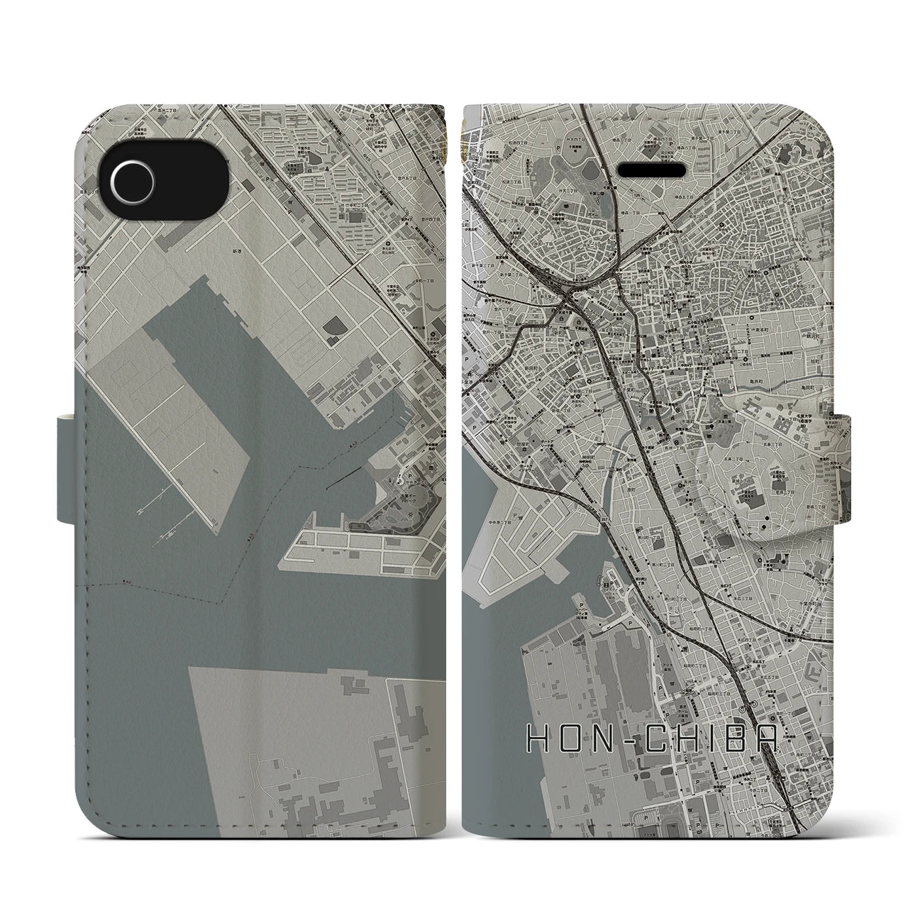 【本千葉(千葉県)】地図柄iPhoneケース(手帳タイプ)モノトーン・iPhone SE(第3 / 第2世代) / 8 / 7 / 6s / 6 用