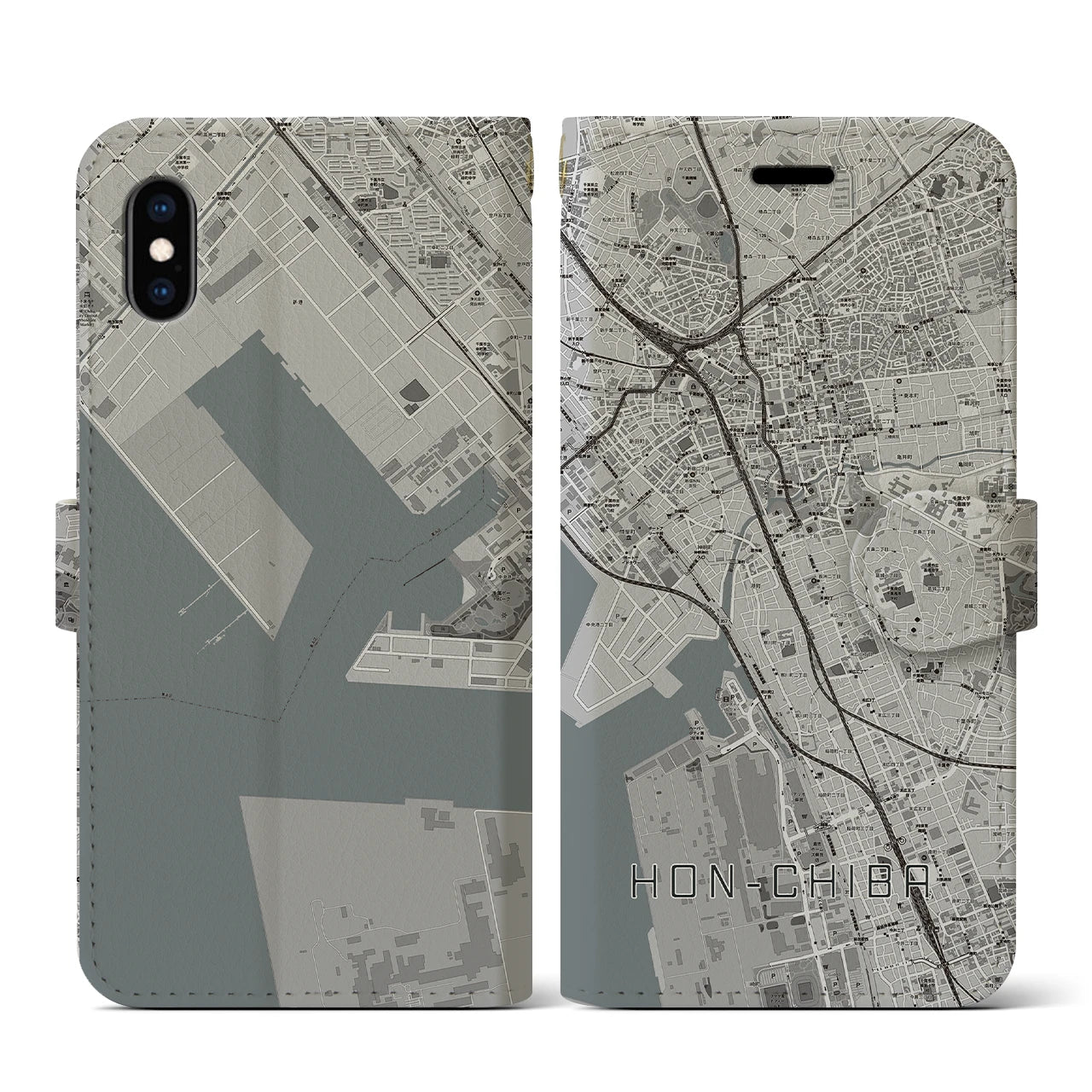 【本千葉(千葉県)】地図柄iPhoneケース(手帳タイプ)モノトーン・iPhone XS / X 用