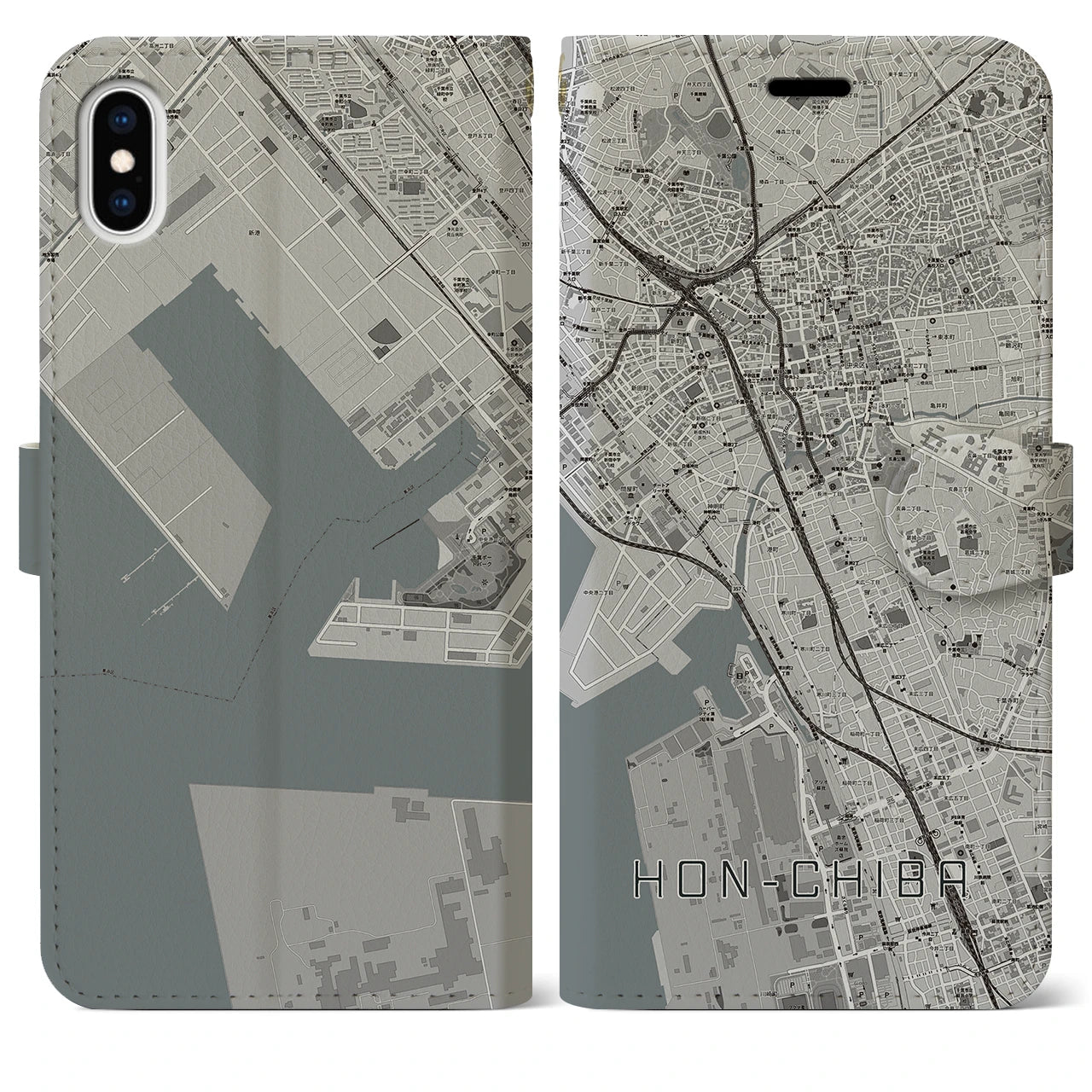 【本千葉(千葉県)】地図柄iPhoneケース(手帳タイプ)モノトーン・iPhone XS Max 用