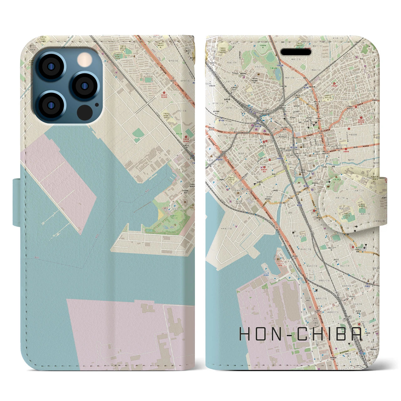 【本千葉(千葉県)】地図柄iPhoneケース(手帳タイプ)ナチュラル・iPhone 12 / 12 Pro 用
