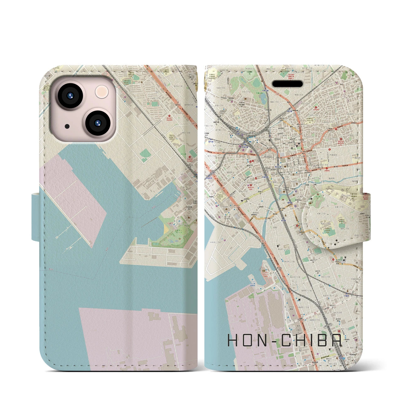 【本千葉(千葉県)】地図柄iPhoneケース(手帳タイプ)ナチュラル・iPhone 13 mini 用