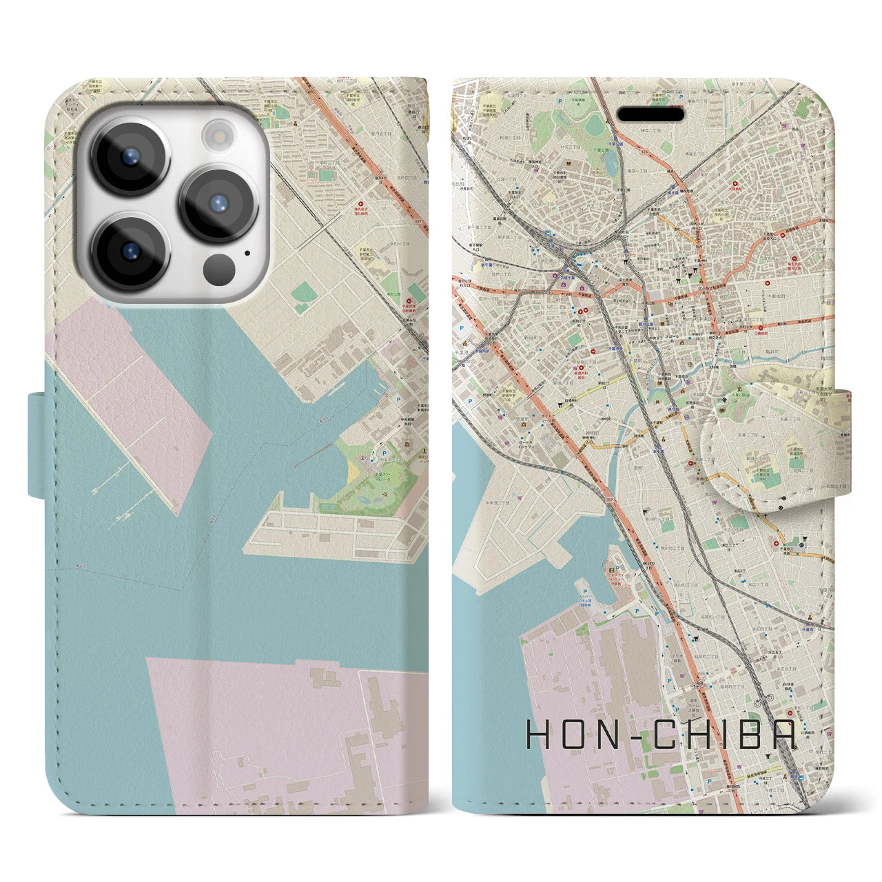 【本千葉(千葉県)】地図柄iPhoneケース(手帳タイプ)ナチュラル・iPhone 14 Pro 用