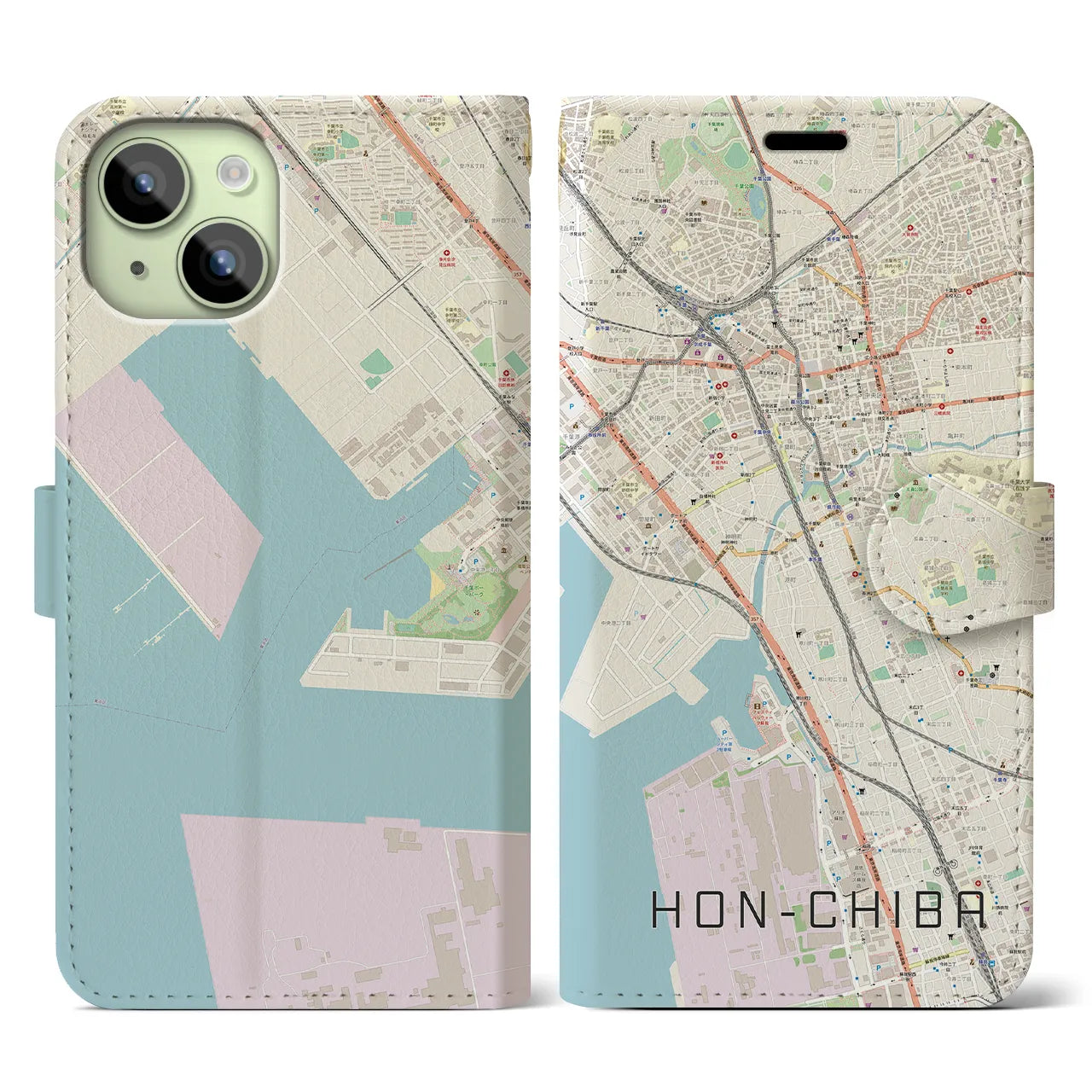 【本千葉(千葉県)】地図柄iPhoneケース(手帳タイプ)ナチュラル・iPhone 15 用