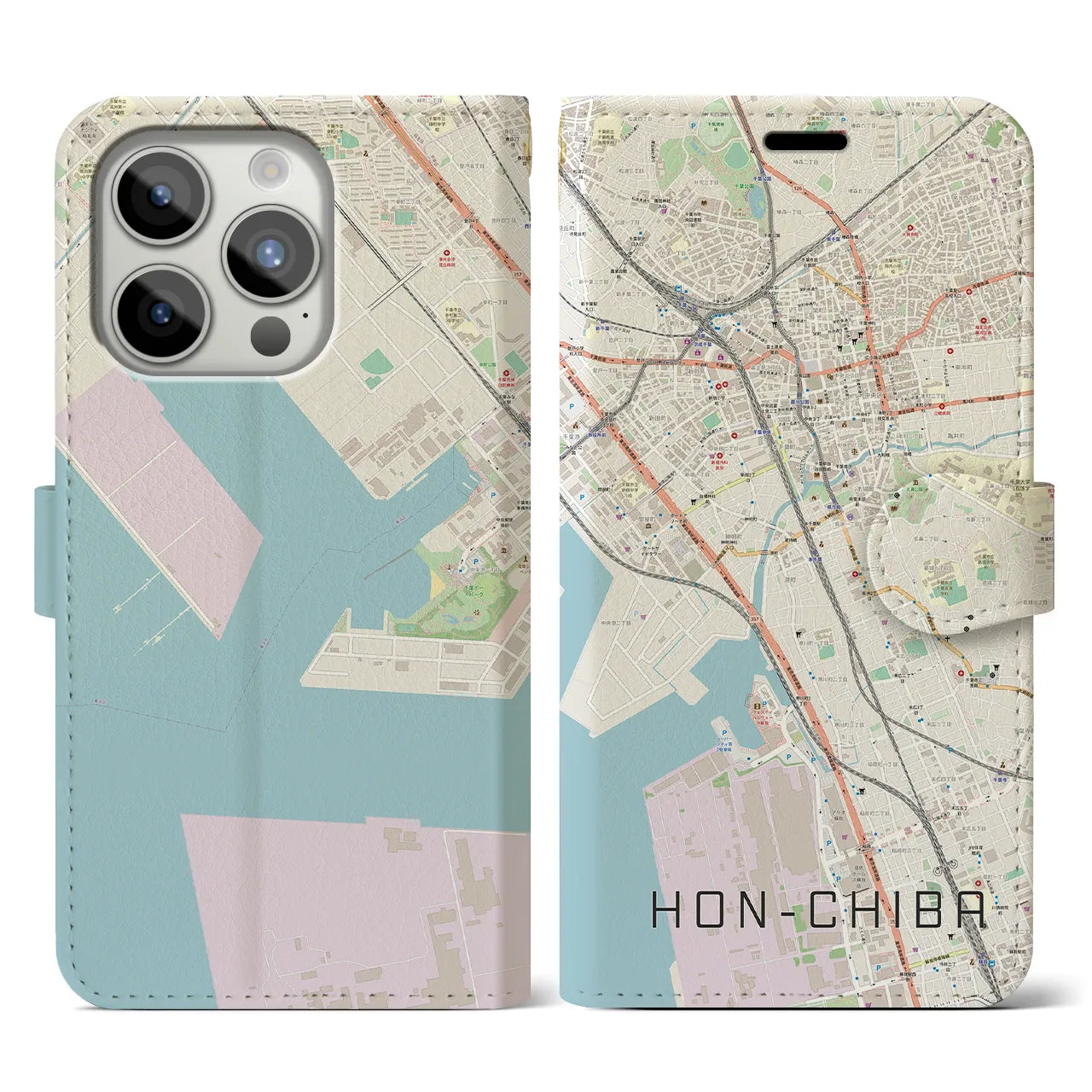 【本千葉(千葉県)】地図柄iPhoneケース(手帳タイプ)ナチュラル・iPhone 15 Pro 用