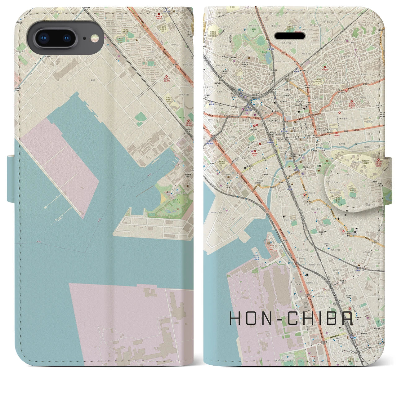 【本千葉(千葉県)】地図柄iPhoneケース(手帳タイプ)ナチュラル・iPhone 8Plus /7Plus / 6sPlus / 6Plus 用