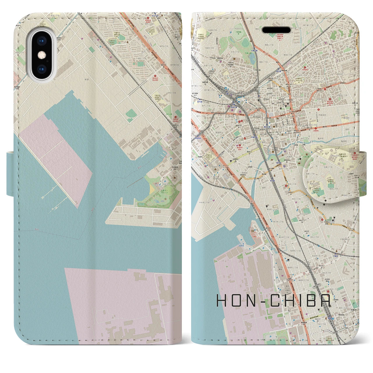 【本千葉(千葉県)】地図柄iPhoneケース(手帳タイプ)ナチュラル・iPhone XS Max 用