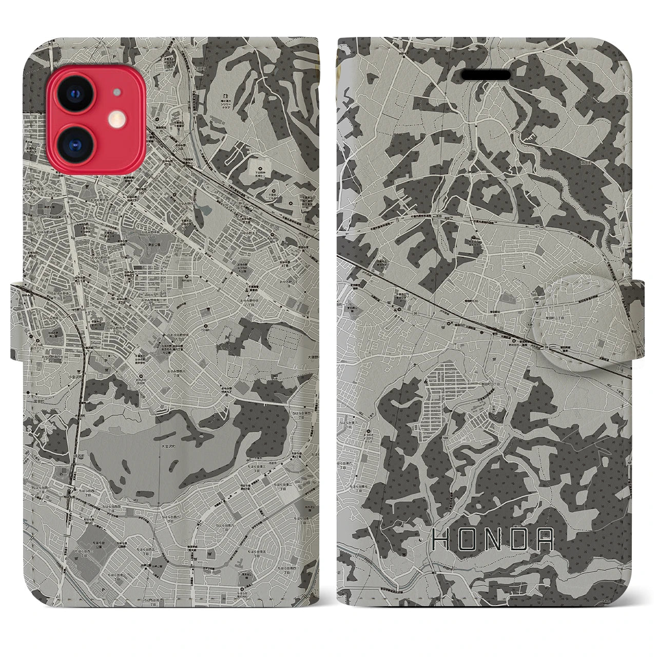 【誉田(千葉県)】地図柄iPhoneケース(手帳タイプ)モノトーン・iPhone 11 用