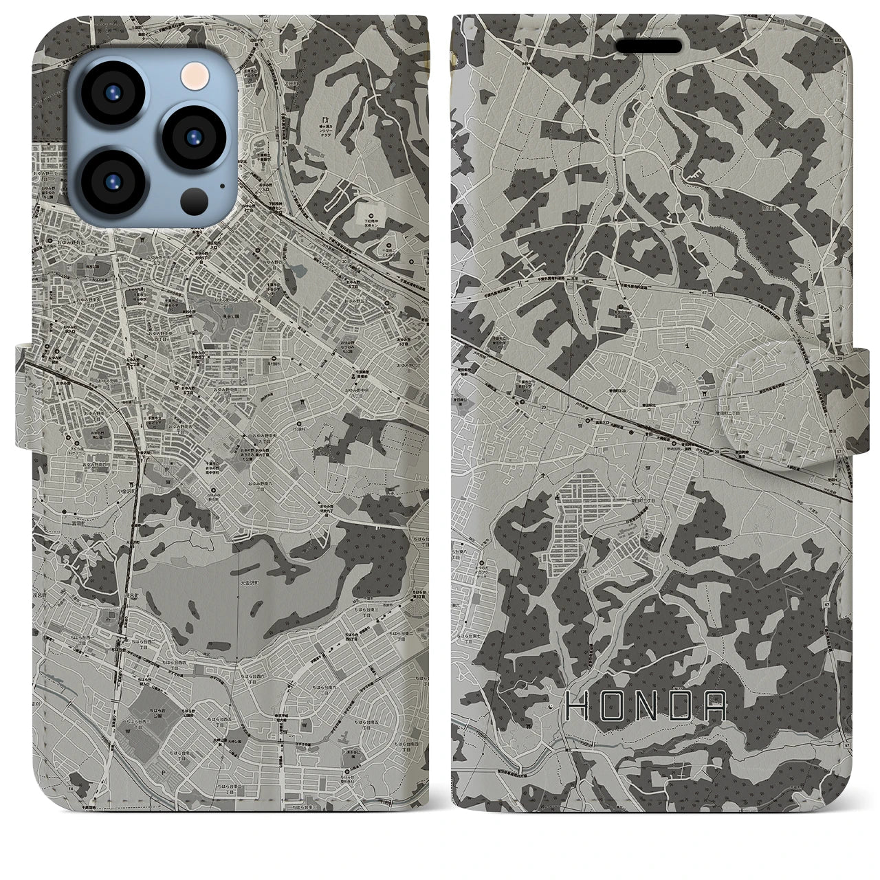 【誉田(千葉県)】地図柄iPhoneケース(手帳タイプ)モノトーン・iPhone 13 Pro Max 用