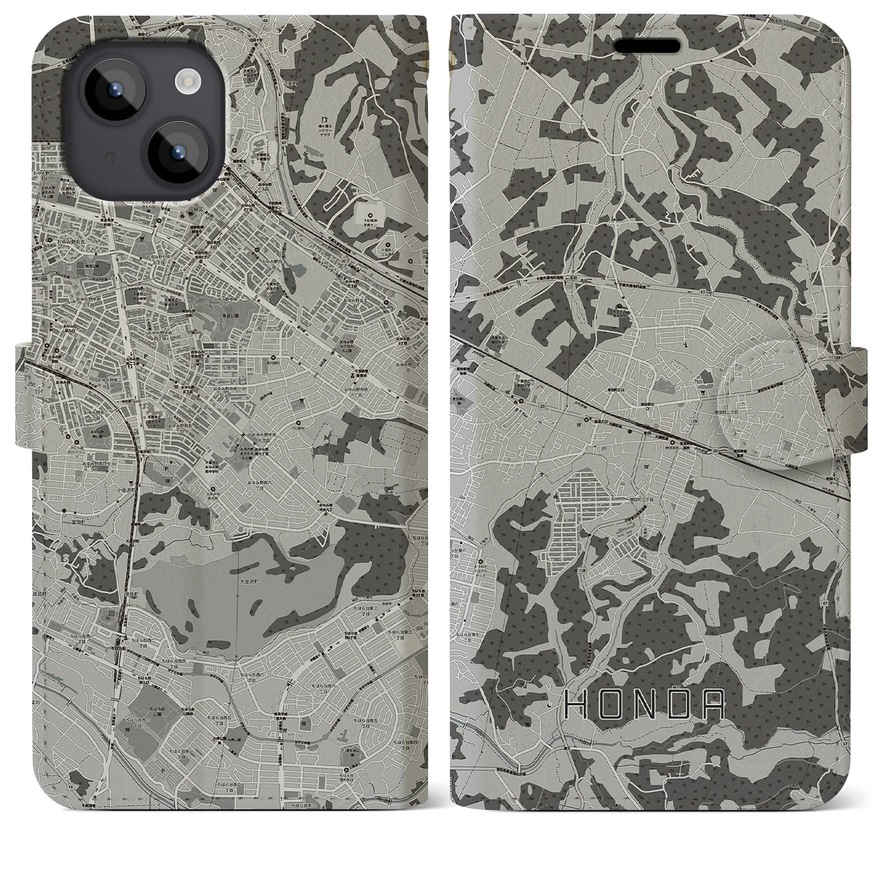 【誉田(千葉県)】地図柄iPhoneケース(手帳タイプ)モノトーン・iPhone 14 Plus 用