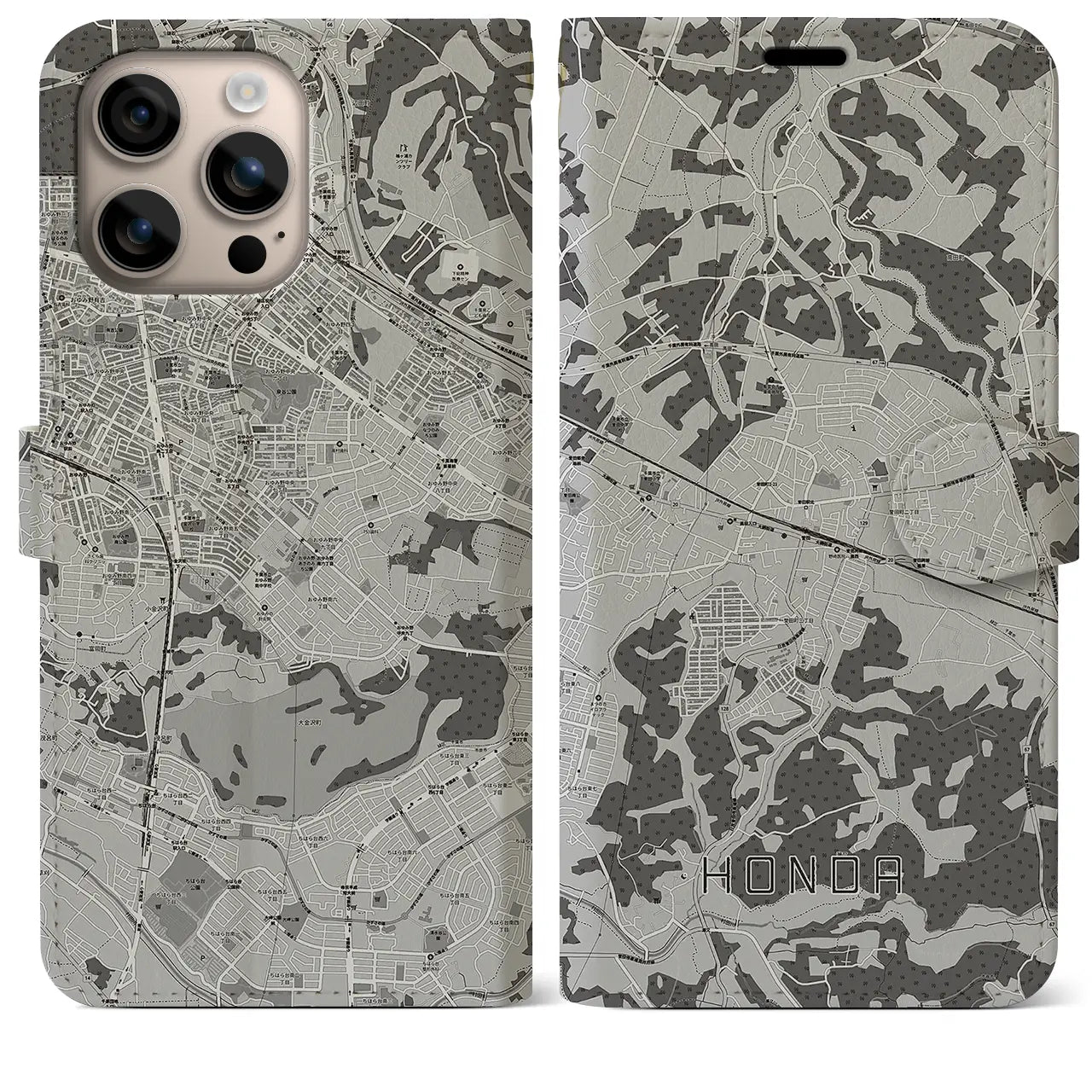 【誉田(千葉県)】地図柄iPhoneケース(手帳タイプ)モノトーン・iPhone 16 Plus 用