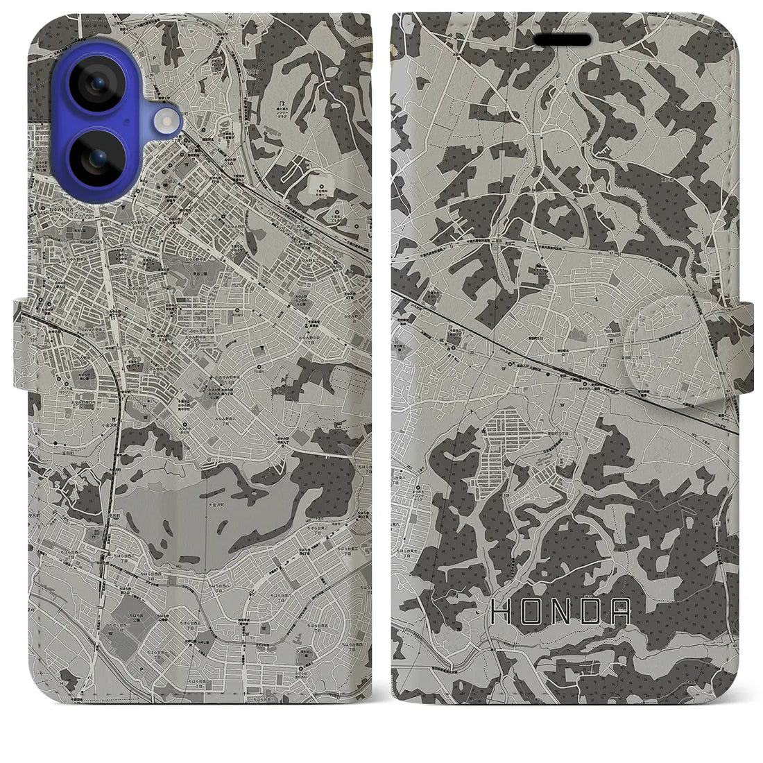 【誉田(千葉県)】地図柄iPhoneケース(手帳タイプ)モノトーン・iPhone 16 Pro Max 用