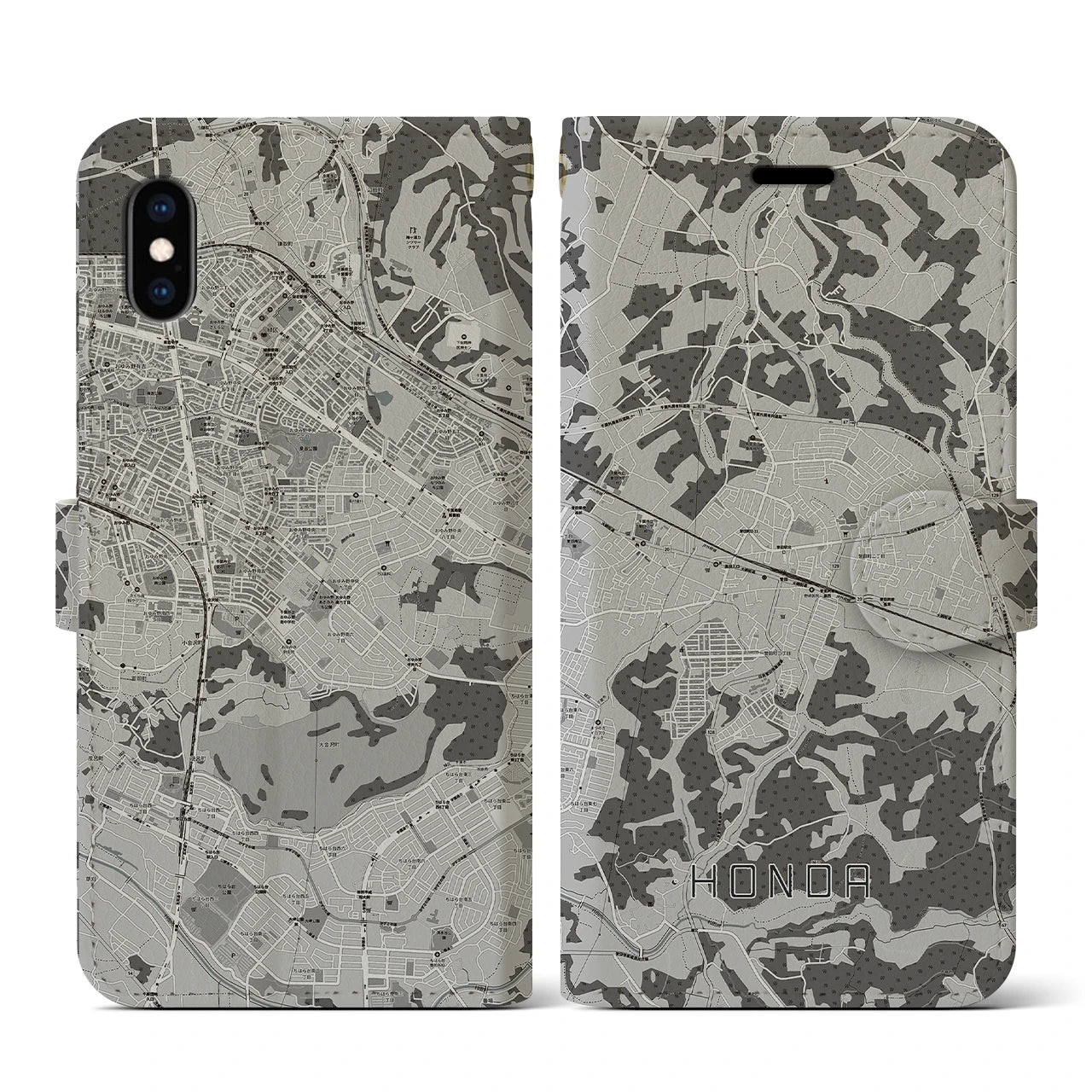 【誉田(千葉県)】地図柄iPhoneケース(手帳タイプ)モノトーン・iPhone XS / X 用