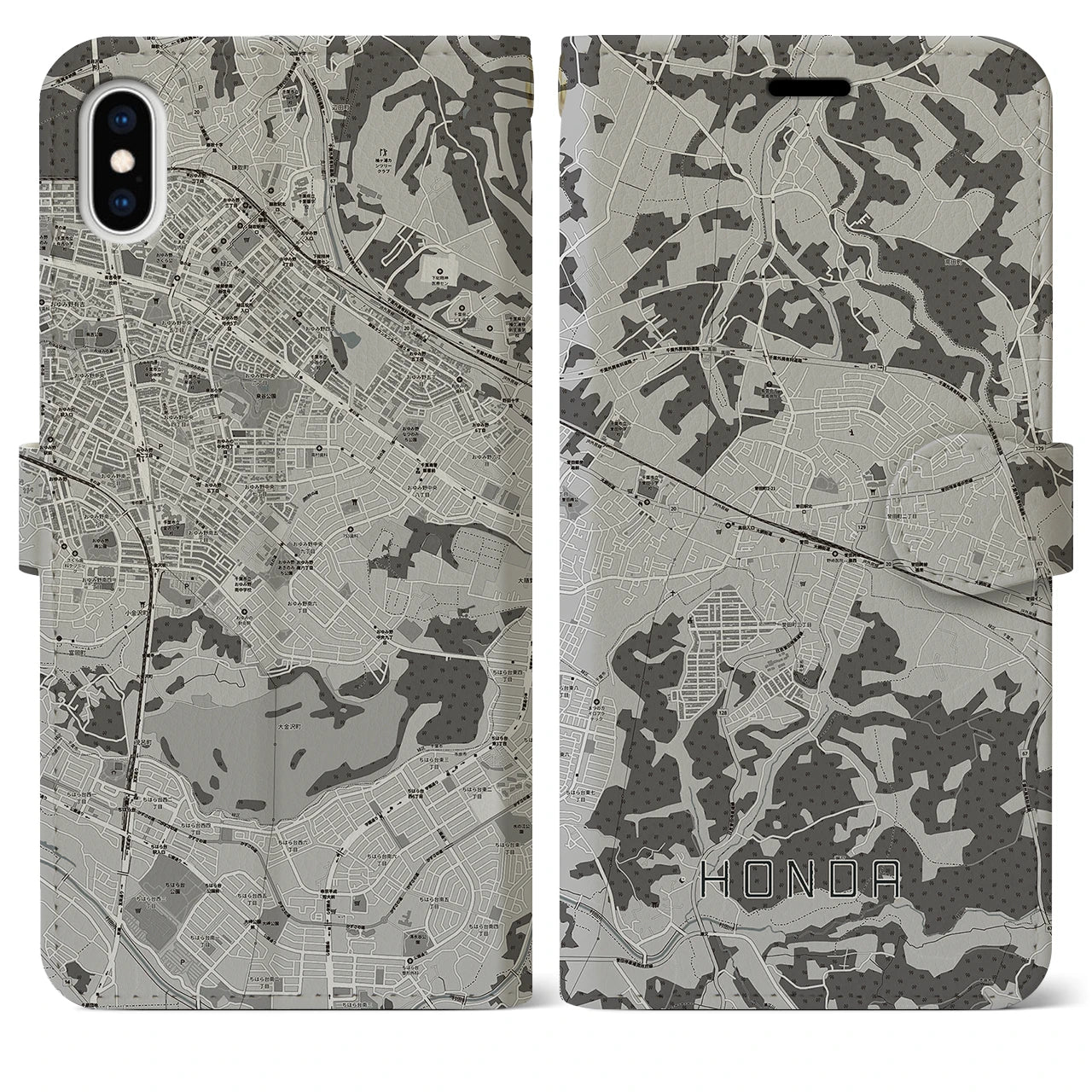 【誉田(千葉県)】地図柄iPhoneケース(手帳タイプ)モノトーン・iPhone XS Max 用