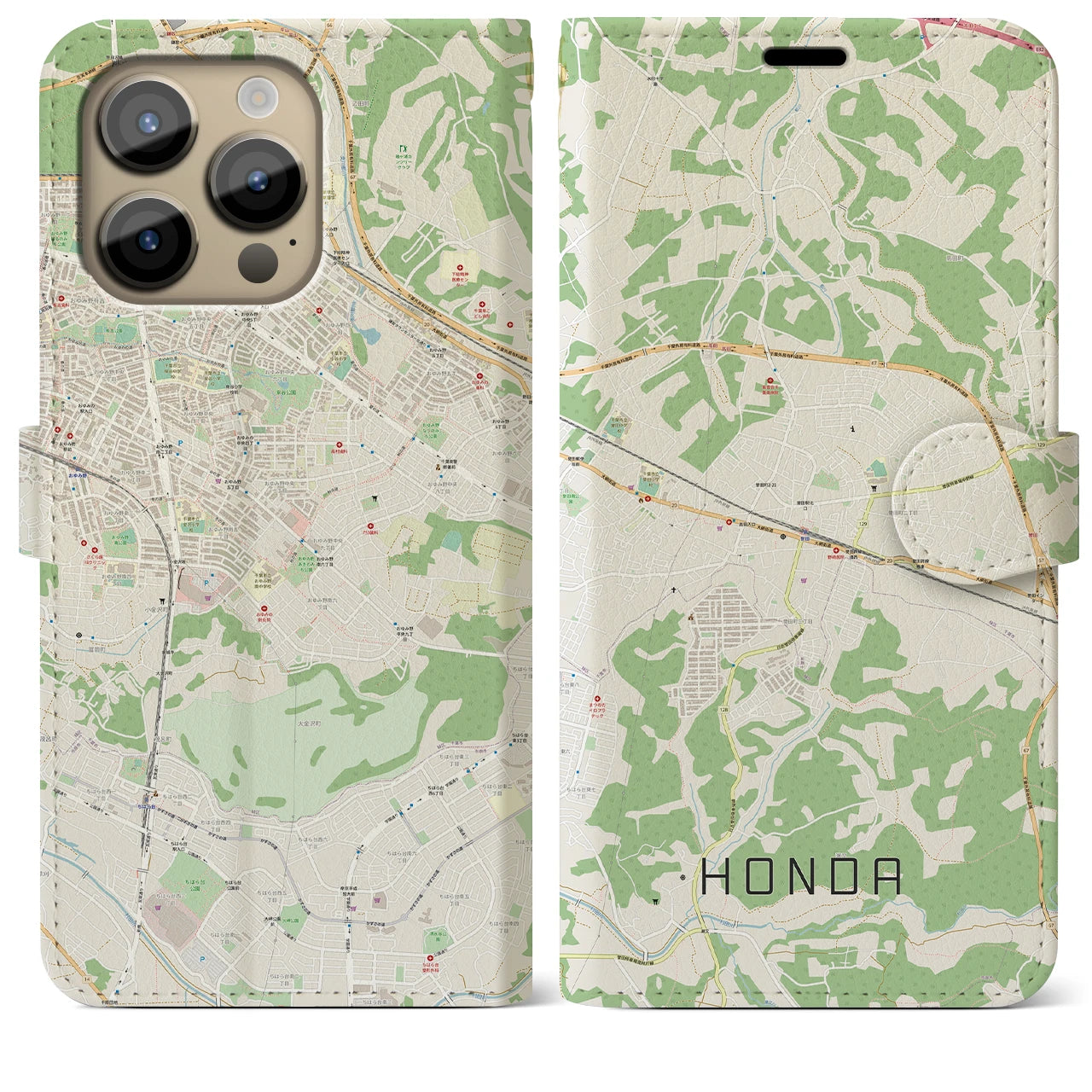 【誉田(千葉県)】地図柄iPhoneケース(手帳タイプ)ナチュラル・iPhone 14 Pro Max 用