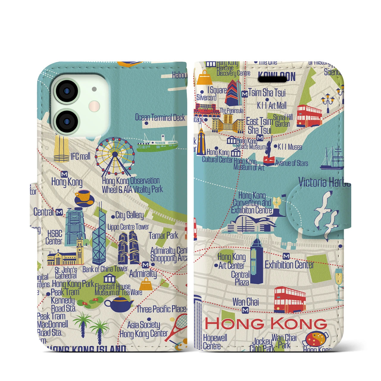 【香港(イラスト)】イラストマップiPhoneケース(手帳タイプ)ブライト・iPhone 12 mini 用