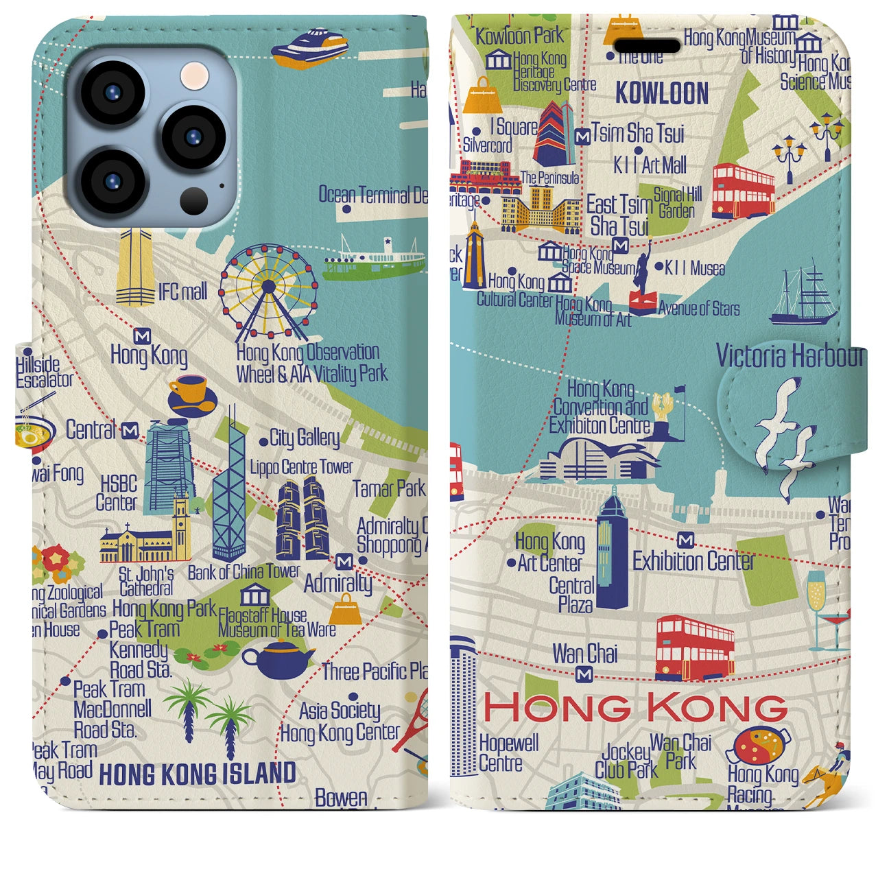 【香港(イラスト)】イラストマップiPhoneケース(手帳タイプ)ブライト・iPhone 13 Pro Max 用