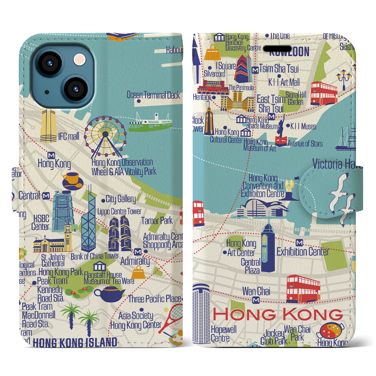 【香港(イラスト)】イラストマップiPhoneケース(手帳タイプ)ブライト・iPhone 13 用