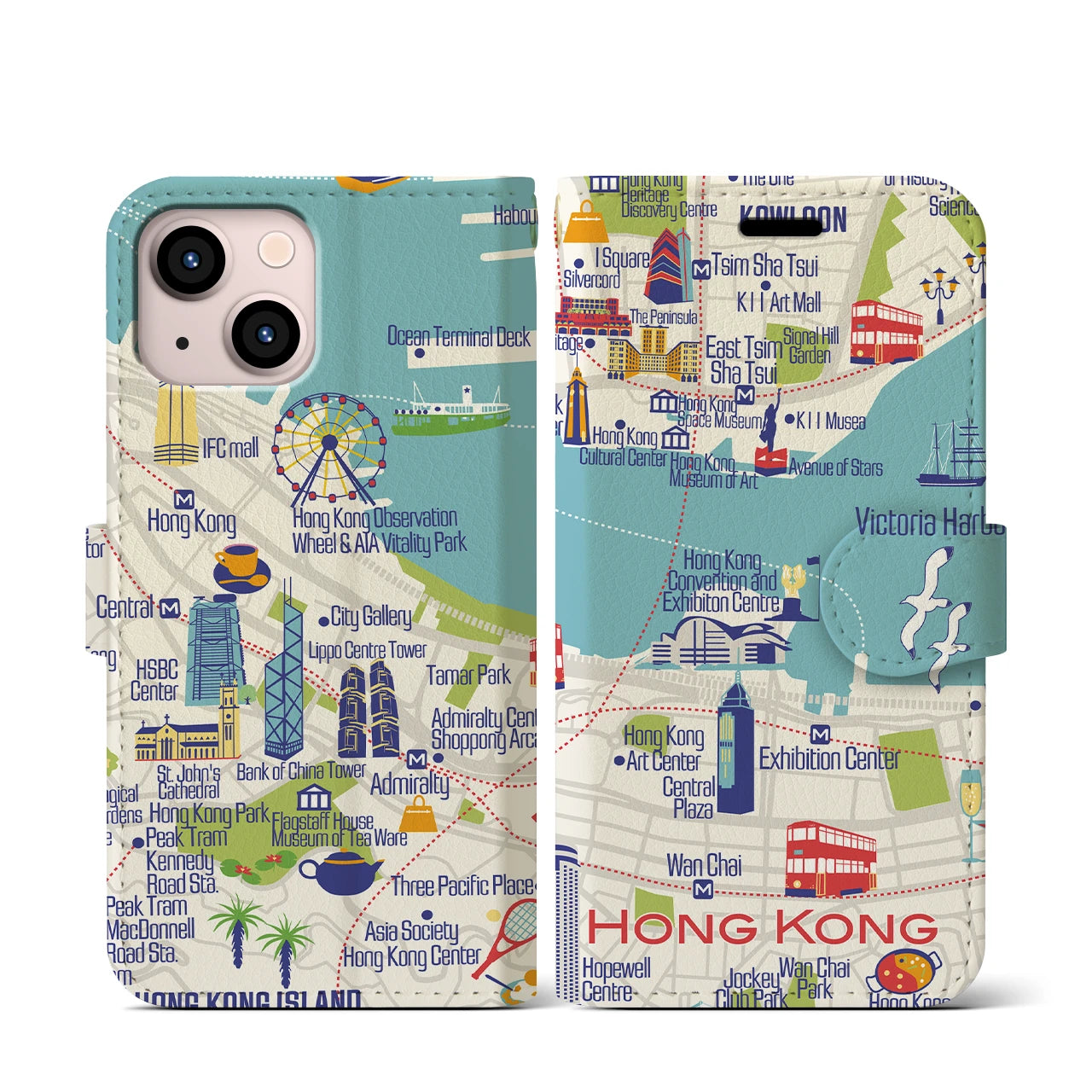 【香港(イラスト)】イラストマップiPhoneケース(手帳タイプ)ブライト・iPhone 13 mini 用