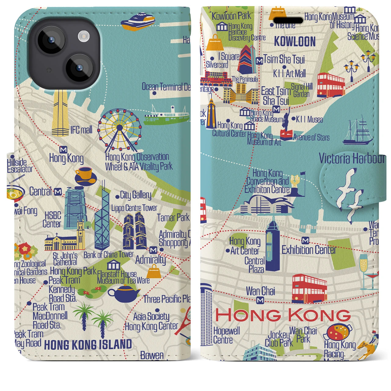 【香港(イラスト)】イラストマップiPhoneケース(手帳タイプ)ブライト・iPhone 14 Plus 用