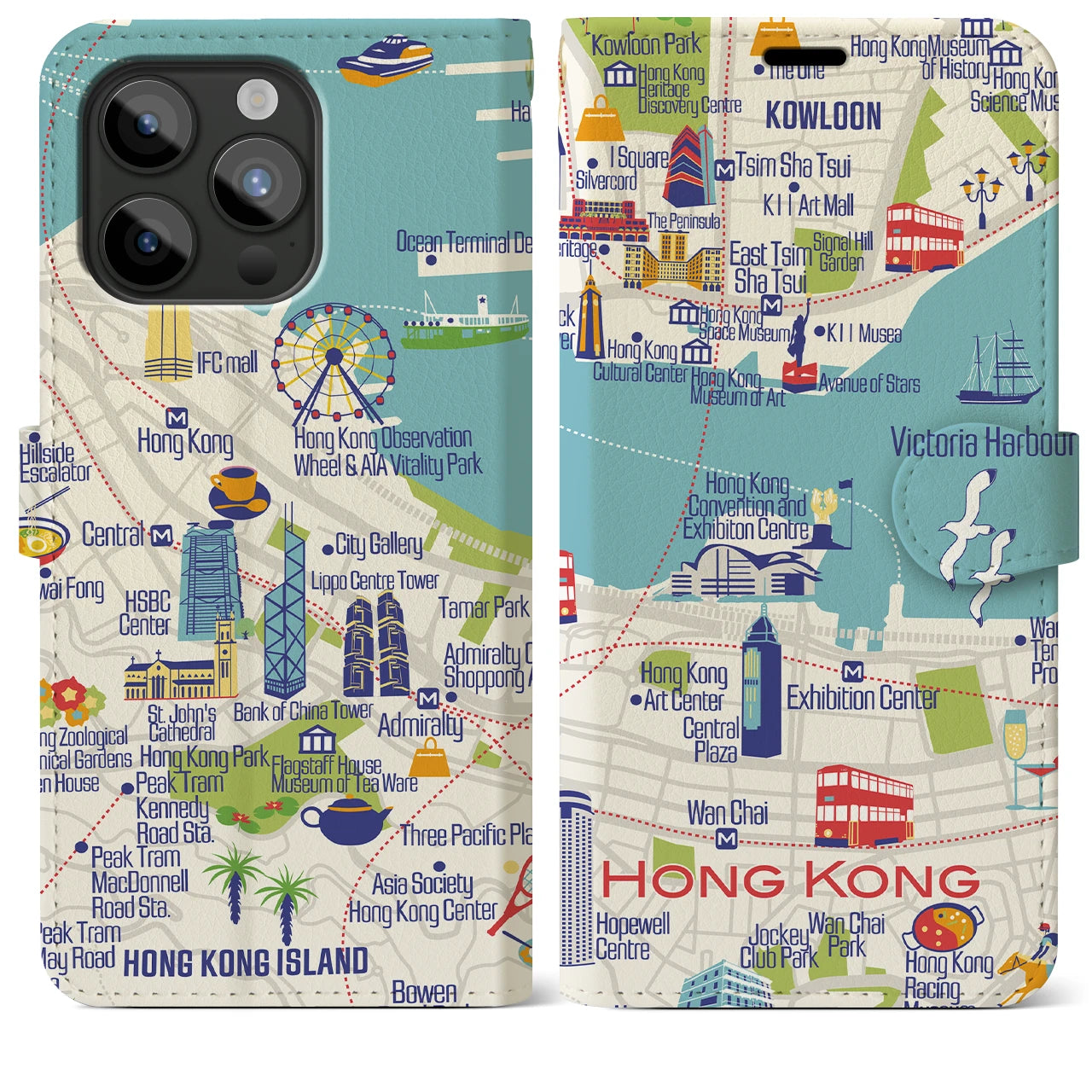 【香港(イラスト)】イラストマップiPhoneケース(手帳タイプ)ブライト・iPhone 15 Pro Max 用