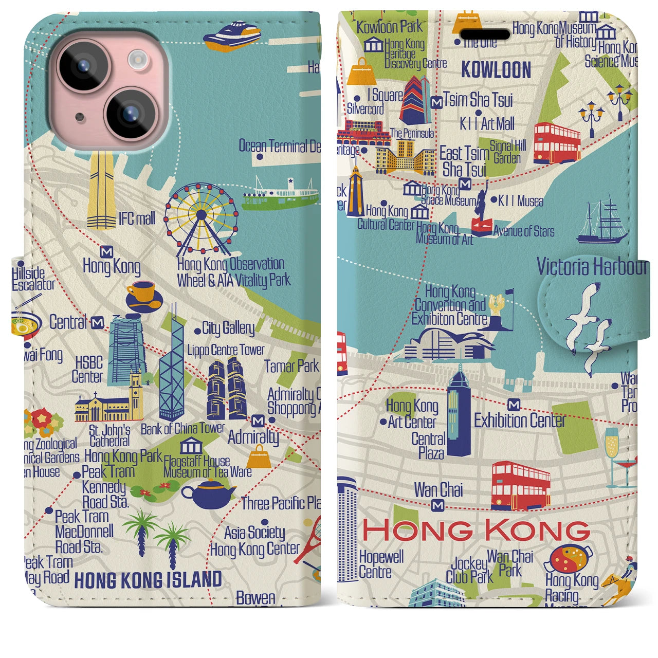 【香港(イラスト)】イラストマップiPhoneケース(手帳タイプ)ブライト・iPhone 15 Plus 用