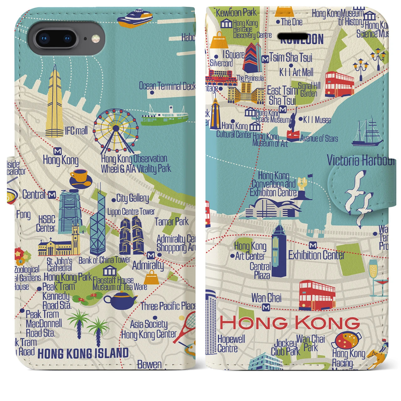 【香港(イラスト)】イラストマップiPhoneケース(手帳タイプ)ブライト・iPhone 8Plus /7Plus / 6sPlus / 6Plus 用
