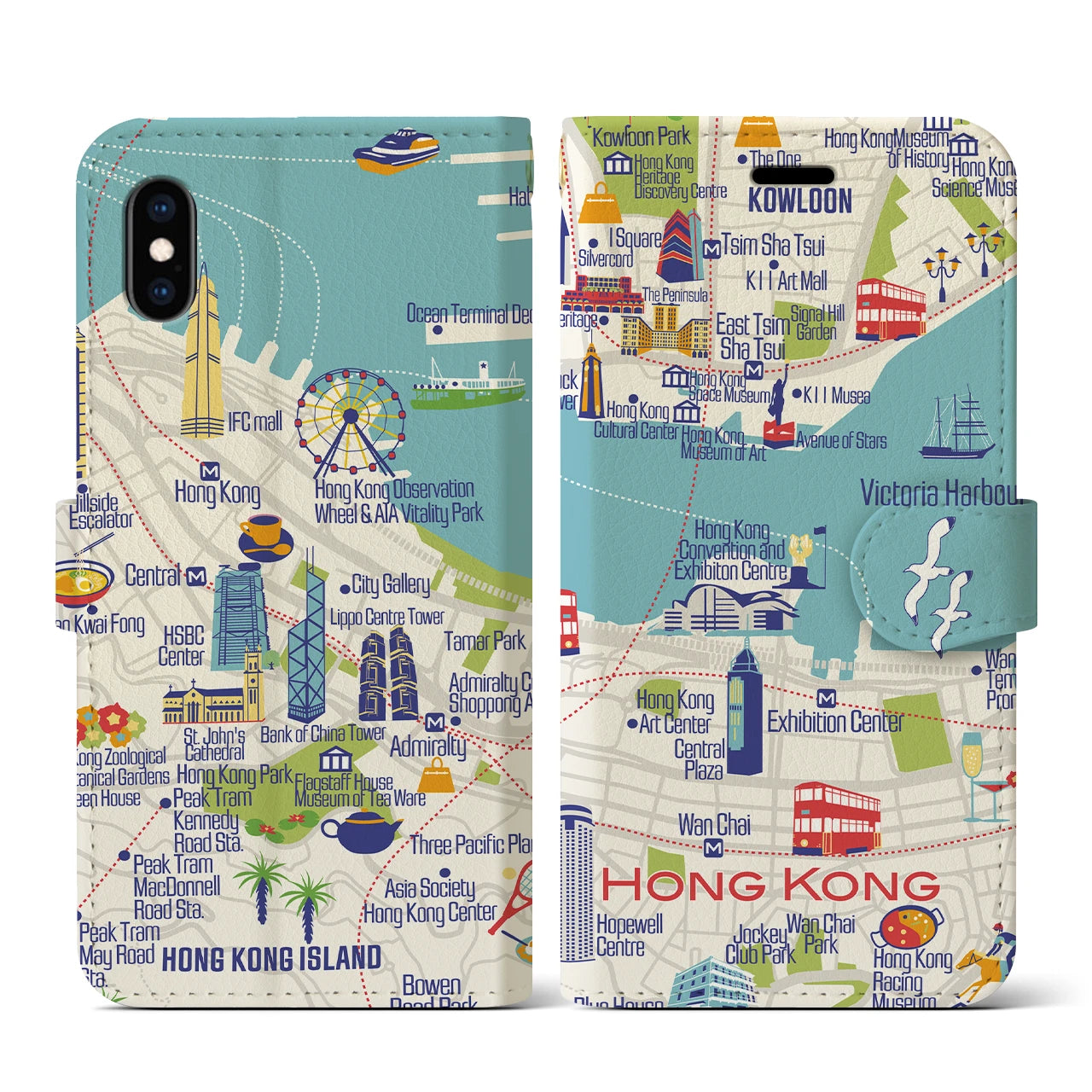 【香港(イラスト)】イラストマップiPhoneケース(手帳タイプ)ブライト・iPhone XS / X 用