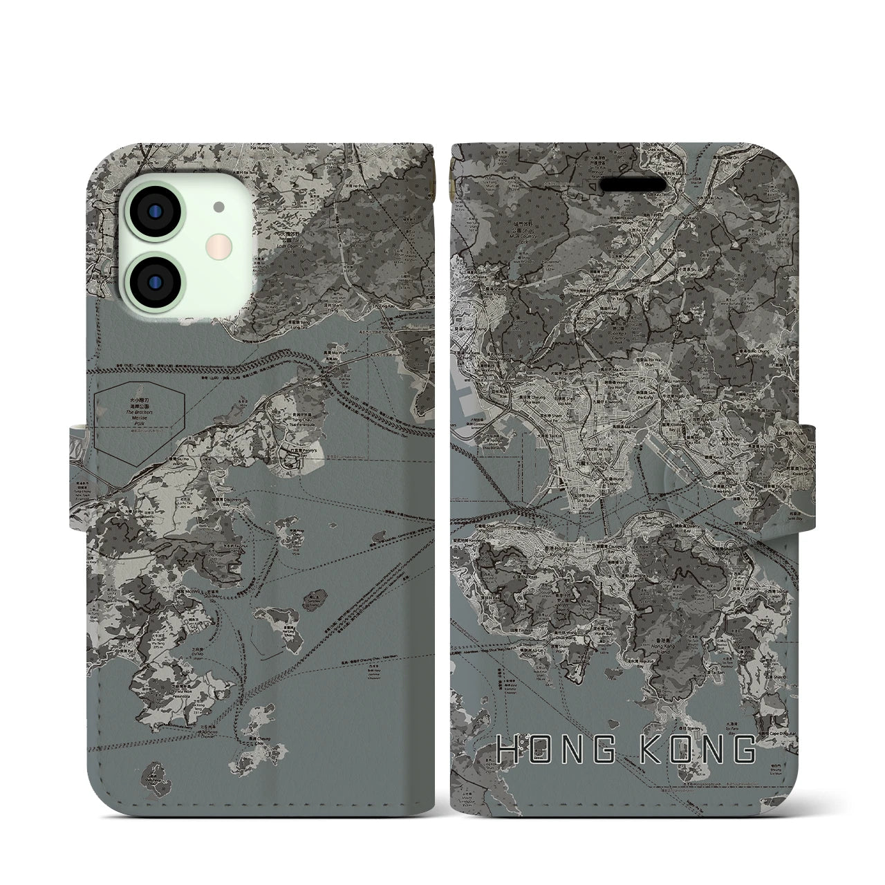 【香港(中華人民共和国)】地図柄iPhoneケース(手帳タイプ)モノトーン・iPhone 12 mini 用
