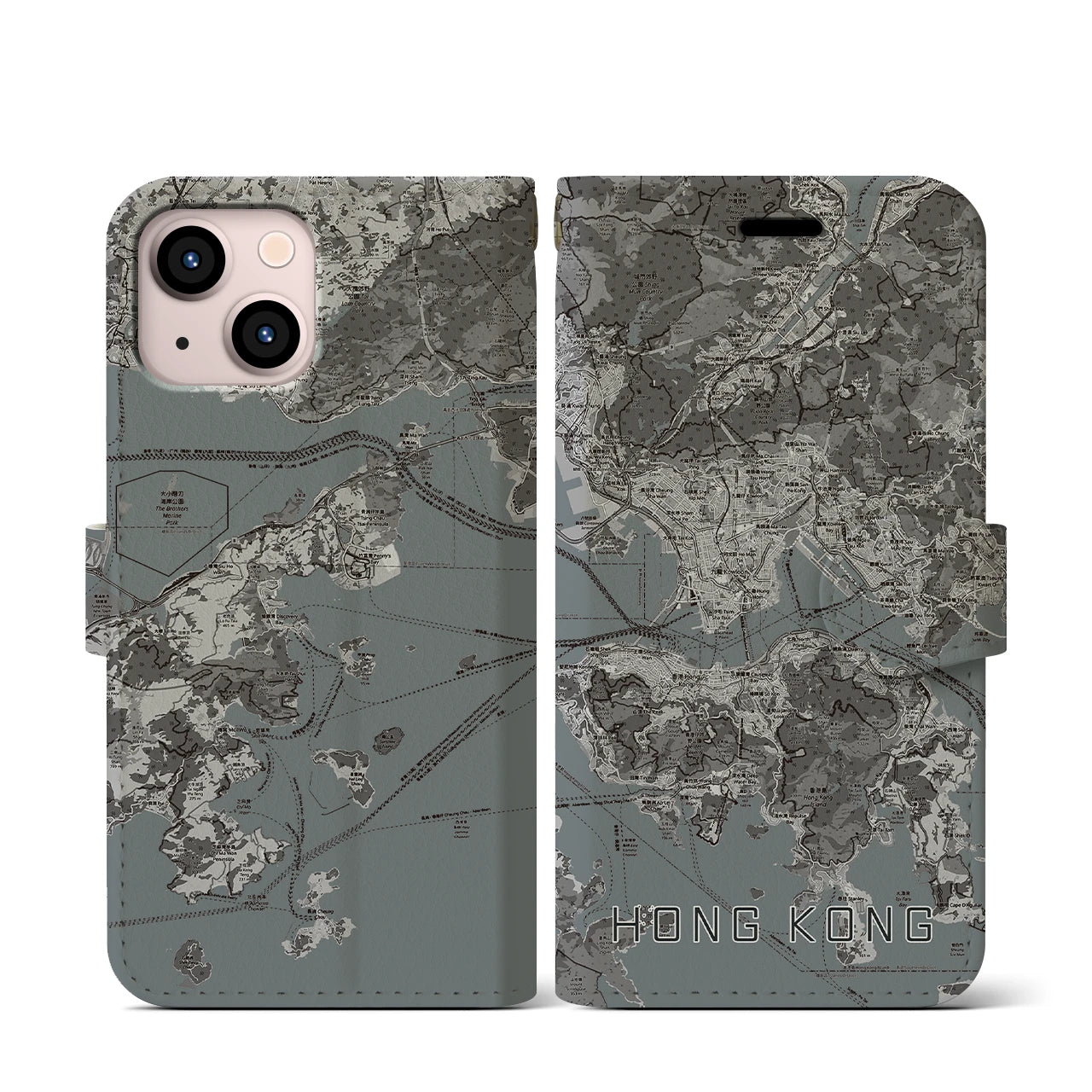 【香港(中華人民共和国)】地図柄iPhoneケース(手帳タイプ)モノトーン・iPhone 13 mini 用