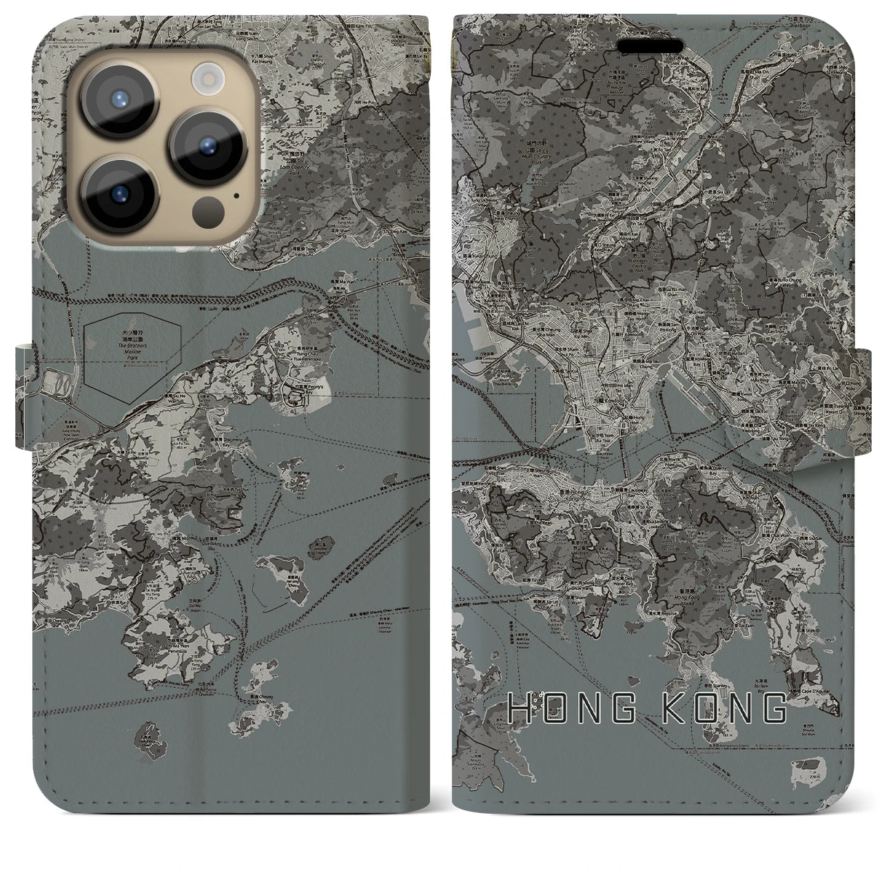 【香港(中華人民共和国)】地図柄iPhoneケース(手帳タイプ)モノトーン・iPhone 14 Pro Max 用