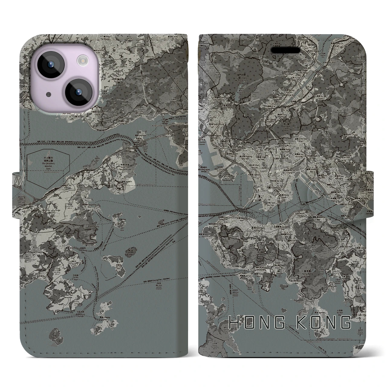 【香港(中華人民共和国)】地図柄iPhoneケース(手帳タイプ)モノトーン・iPhone 14 用