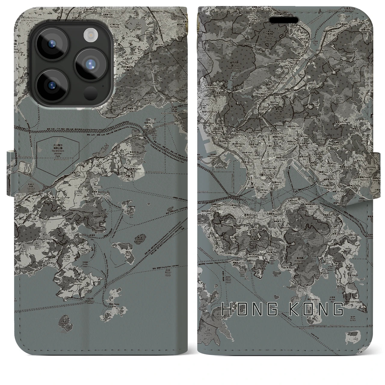 【香港(中華人民共和国)】地図柄iPhoneケース(手帳タイプ)モノトーン・iPhone 15 Pro Max 用