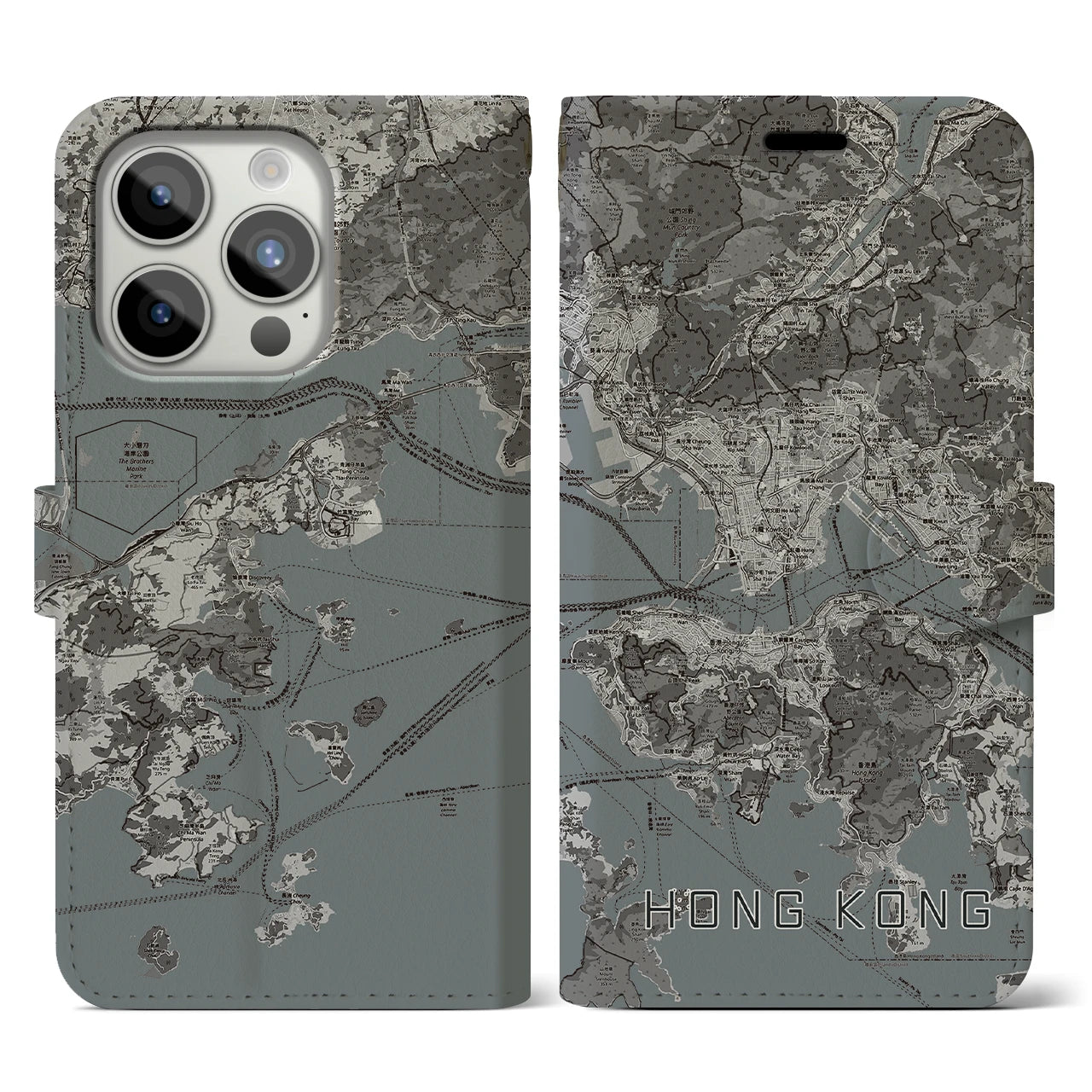 【香港(中華人民共和国)】地図柄iPhoneケース(手帳タイプ)モノトーン・iPhone 15 Pro 用