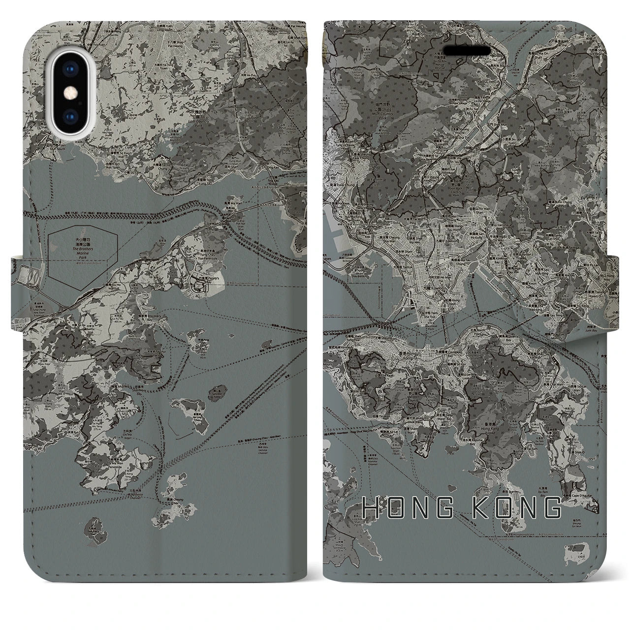 【香港(中華人民共和国)】地図柄iPhoneケース(手帳タイプ)モノトーン・iPhone XS Max 用