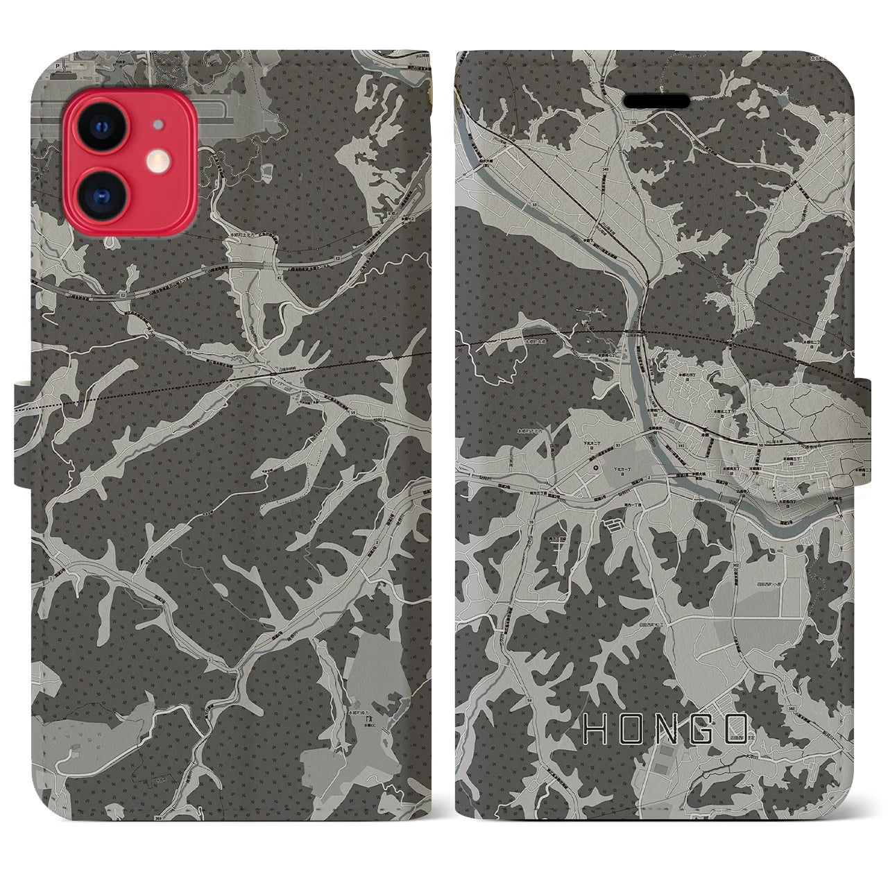 【本郷(広島県)】地図柄iPhoneケース(手帳タイプ)モノトーン・iPhone 11 用