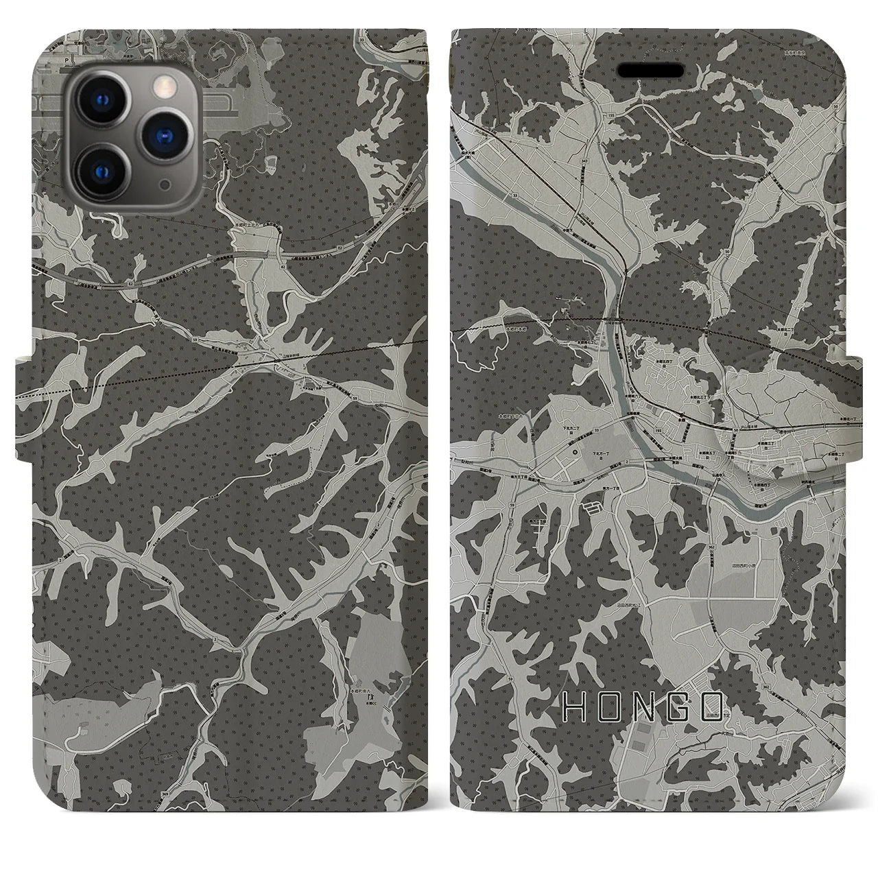 【本郷(広島県)】地図柄iPhoneケース(手帳タイプ)モノトーン・iPhone 11 Pro Max 用