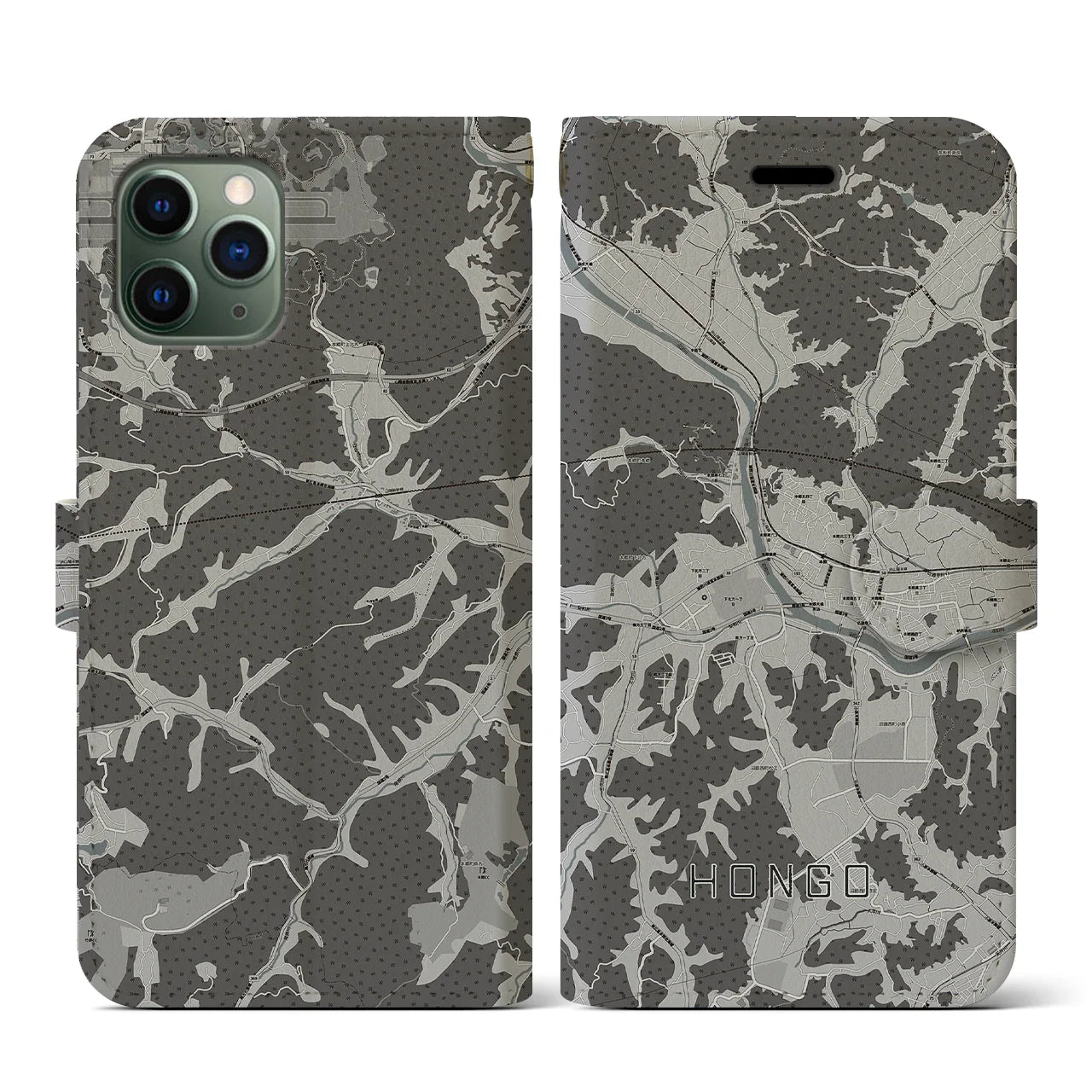 【本郷(広島県)】地図柄iPhoneケース(手帳タイプ)モノトーン・iPhone 11 Pro 用