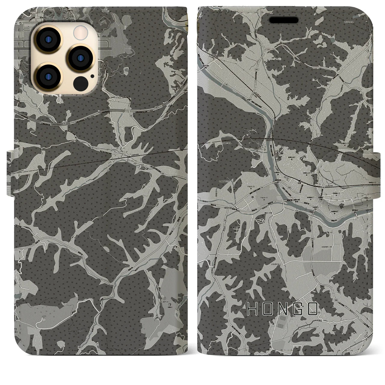 【本郷(広島県)】地図柄iPhoneケース(手帳タイプ)モノトーン・iPhone 12 Pro Max 用