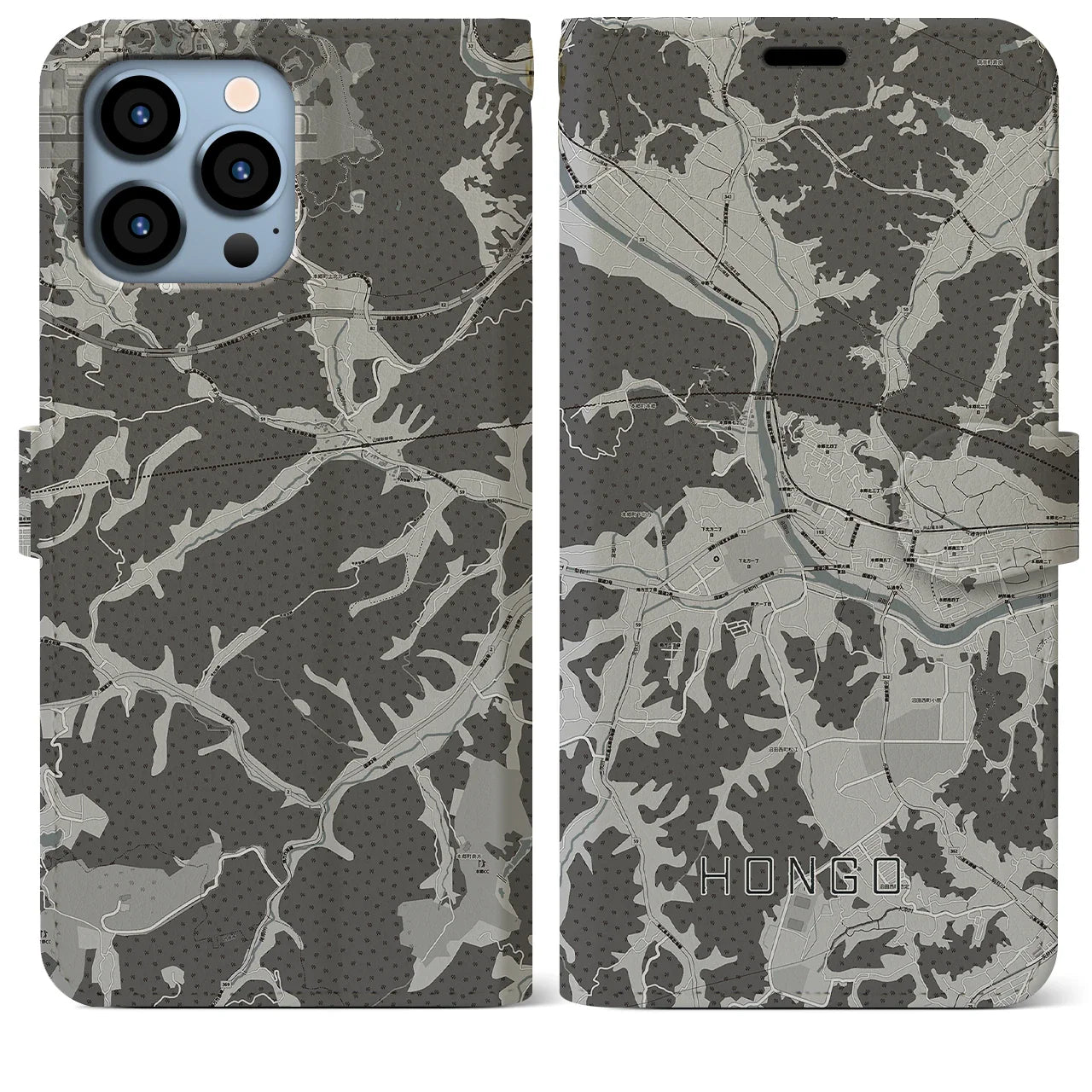 【本郷(広島県)】地図柄iPhoneケース(手帳タイプ)モノトーン・iPhone 13 Pro Max 用