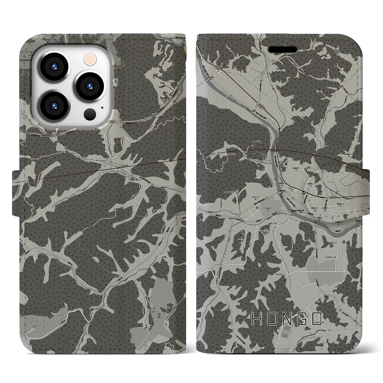 【本郷(広島県)】地図柄iPhoneケース(手帳タイプ)モノトーン・iPhone 13 Pro 用