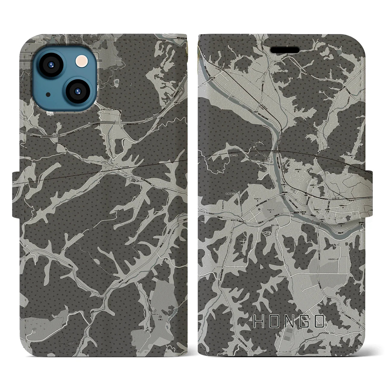 【本郷(広島県)】地図柄iPhoneケース(手帳タイプ)モノトーン・iPhone 13 用