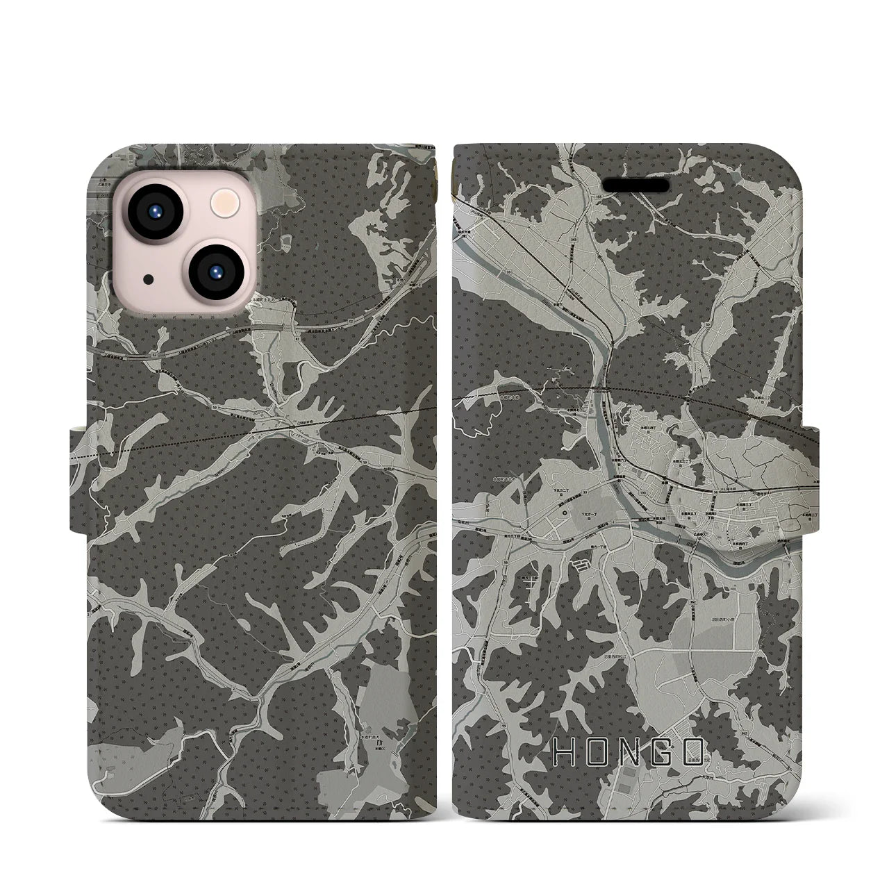 【本郷(広島県)】地図柄iPhoneケース(手帳タイプ)モノトーン・iPhone 13 mini 用