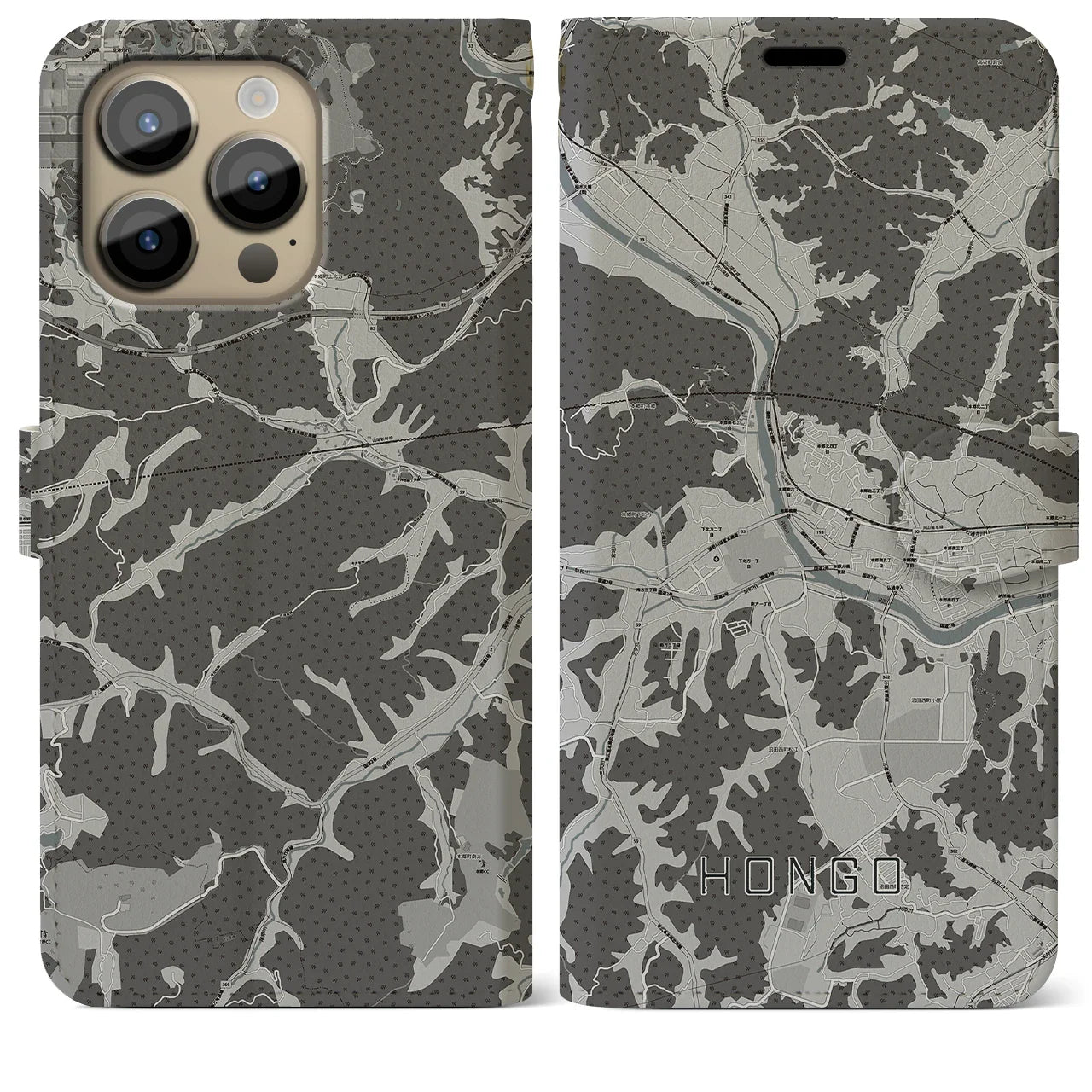 【本郷(広島県)】地図柄iPhoneケース(手帳タイプ)モノトーン・iPhone 14 Pro Max 用