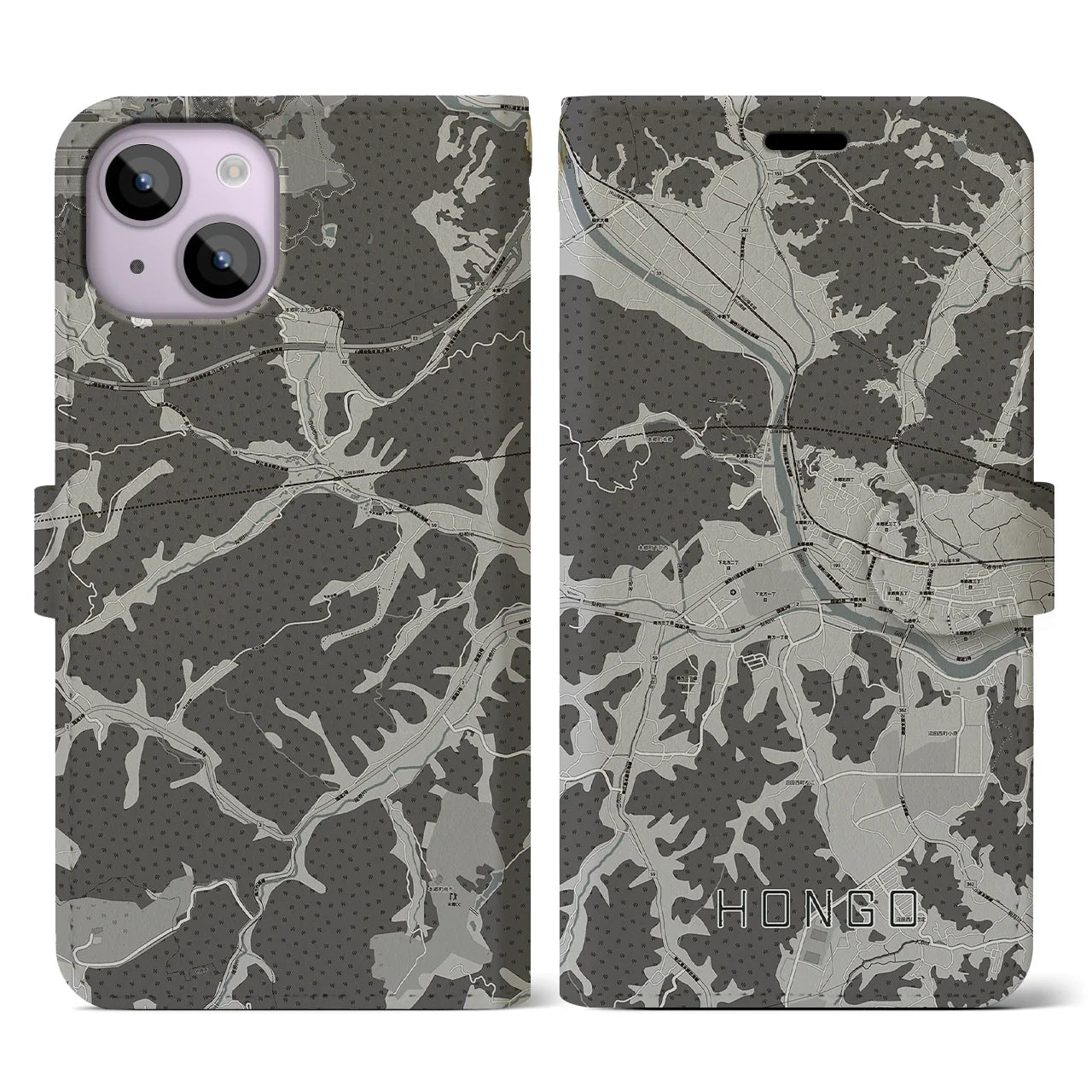 【本郷(広島県)】地図柄iPhoneケース(手帳タイプ)モノトーン・iPhone 14 用