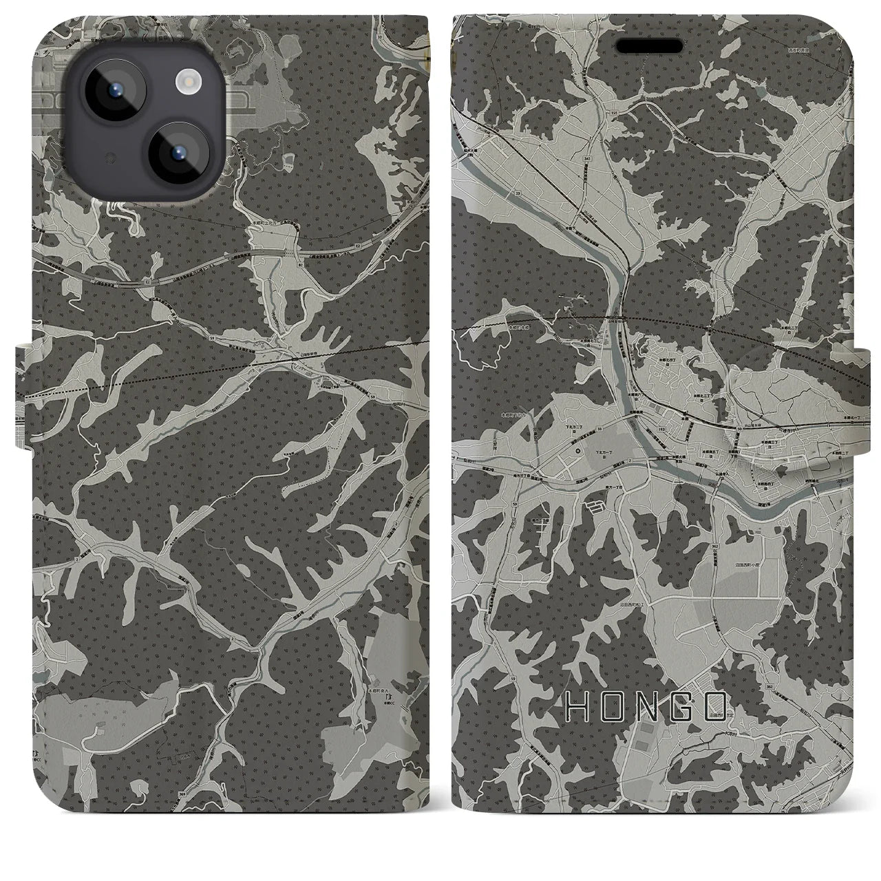 【本郷(広島県)】地図柄iPhoneケース(手帳タイプ)モノトーン・iPhone 14 Plus 用